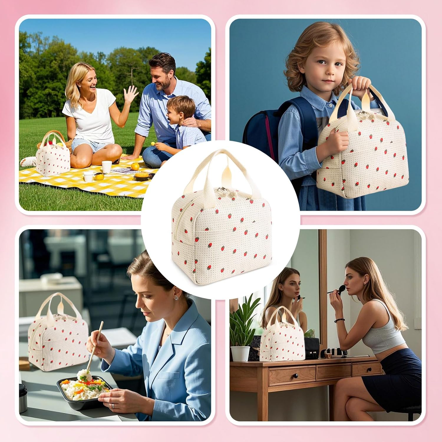 Eine Lunchtasche mit Erdbeermuster wird in verschiedenen Umgebungen gezeigt: Picknick, Kind mit Rucksack, am Schreibtisch und beim Schminken.