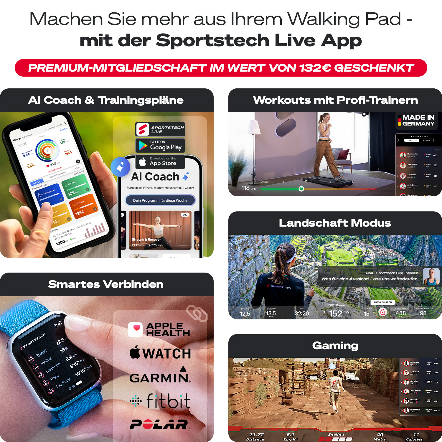 Werbebild für die Sportstech Live App. Zeigt Funktionen: KI-Coach, Workouts, Landschaftsmodus, Smart Device Verbindung und Gaming.