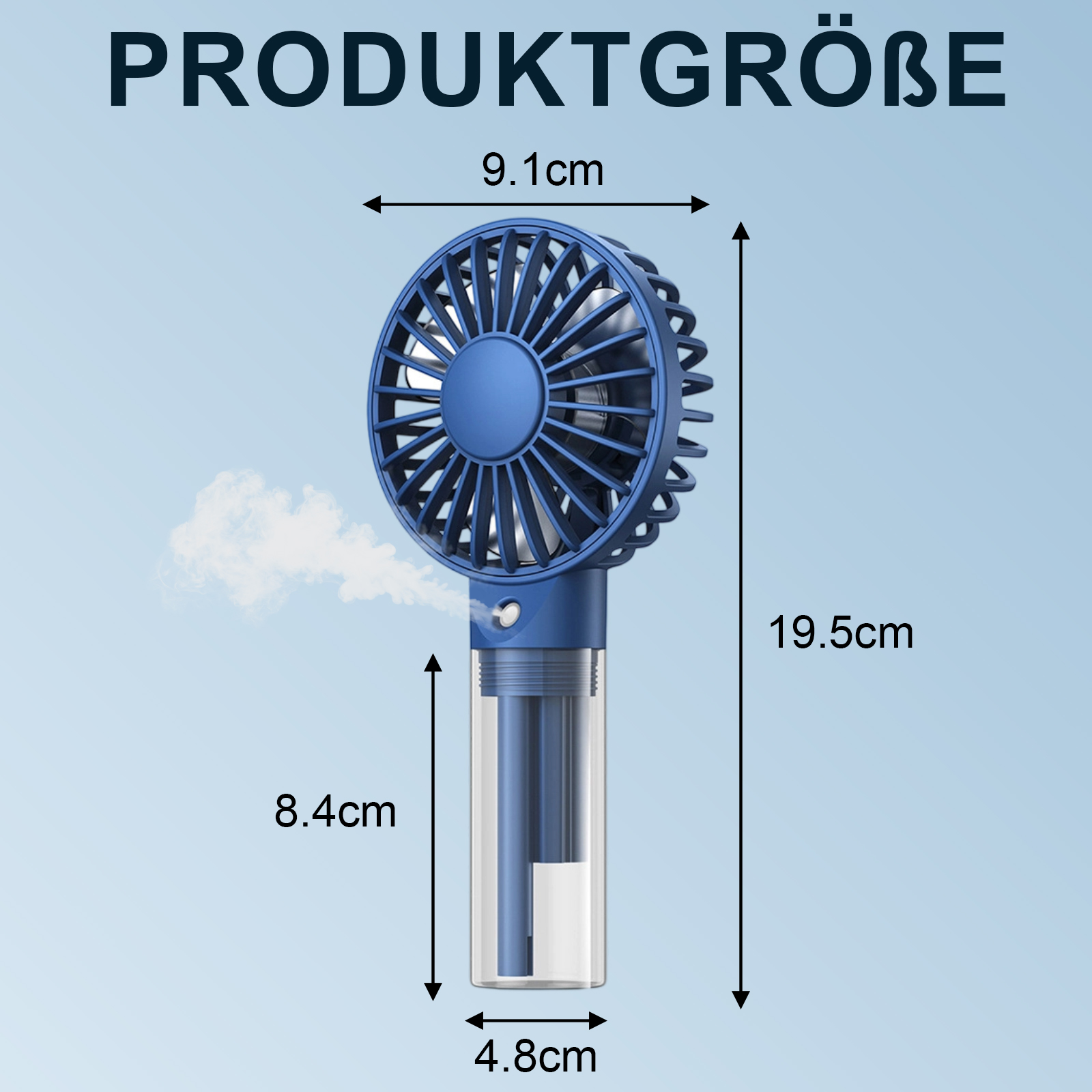 Ein blauer tragbarer Ventilator mit Maßangaben. Es hat eine Sprühfunktion und befindet sich vor einem hellblauen Hintergrund.