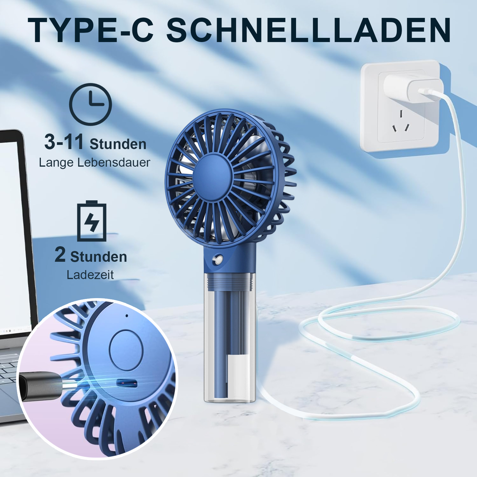 Ein blauer Handventilator wird gezeigt, mit einem Ladekabel, das an eine Steckdose angeschlossen ist. Text beschreibt Akkulaufzeit und Ladezeit.