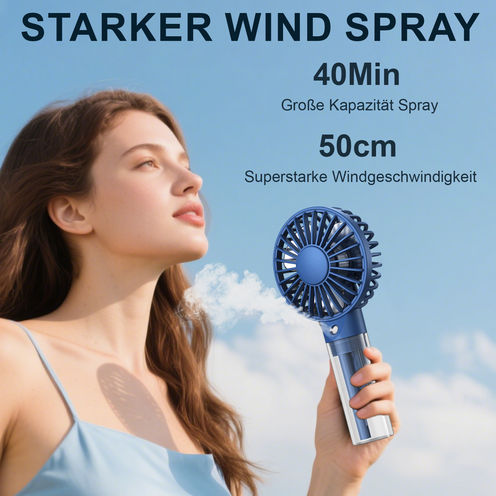 Frau mit einem Ventilator, der Nebel sprüht. Der Text lautet 'Starker Windspray'. Der Hintergrund ist ein blauer Himmel.