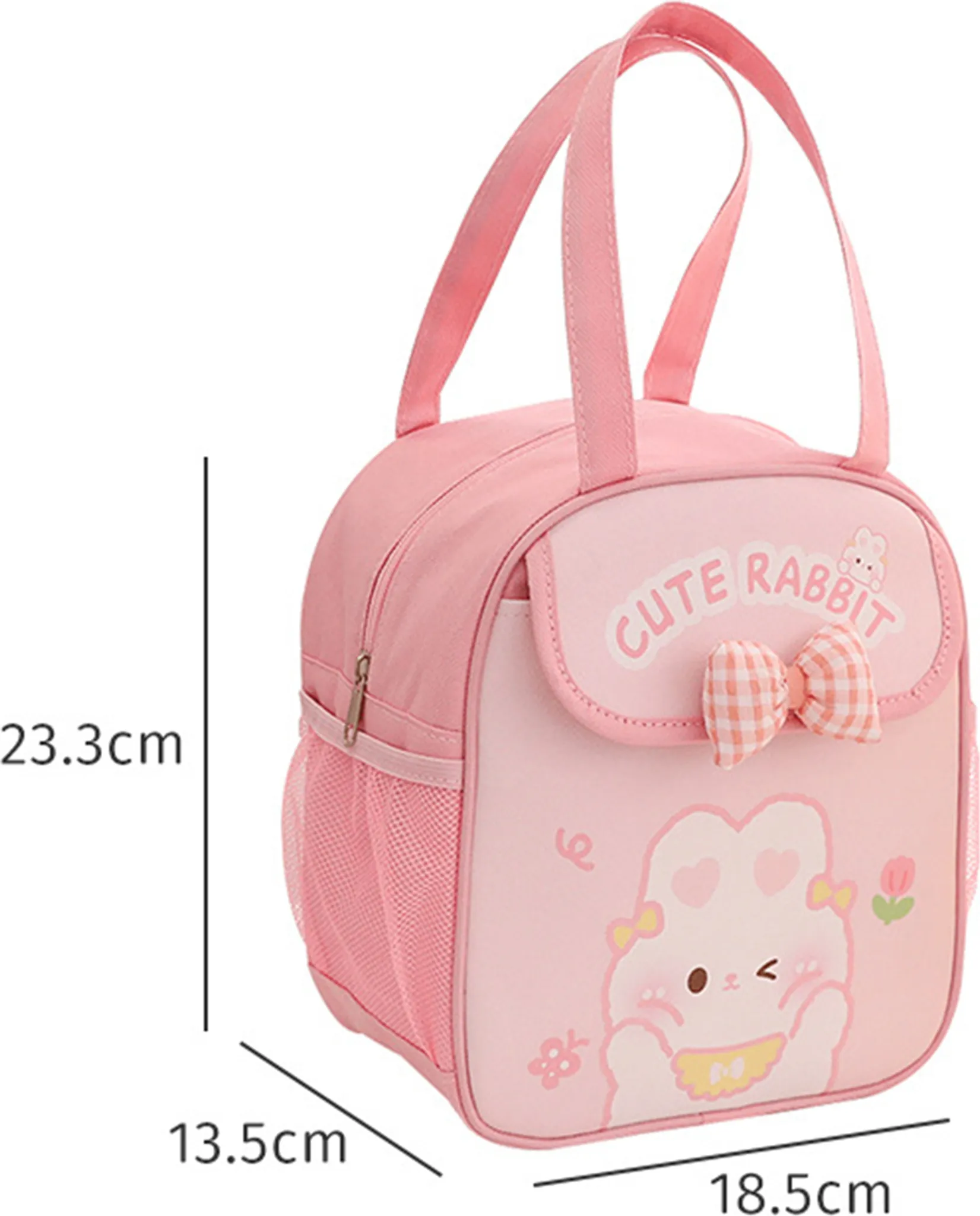 Rosa Lunch-Tasche mit Hasen-Design, Schleife und Netztasche. Maße: 23,3 cm Höhe, 13,5 cm Breite, 18,5 cm Länge.