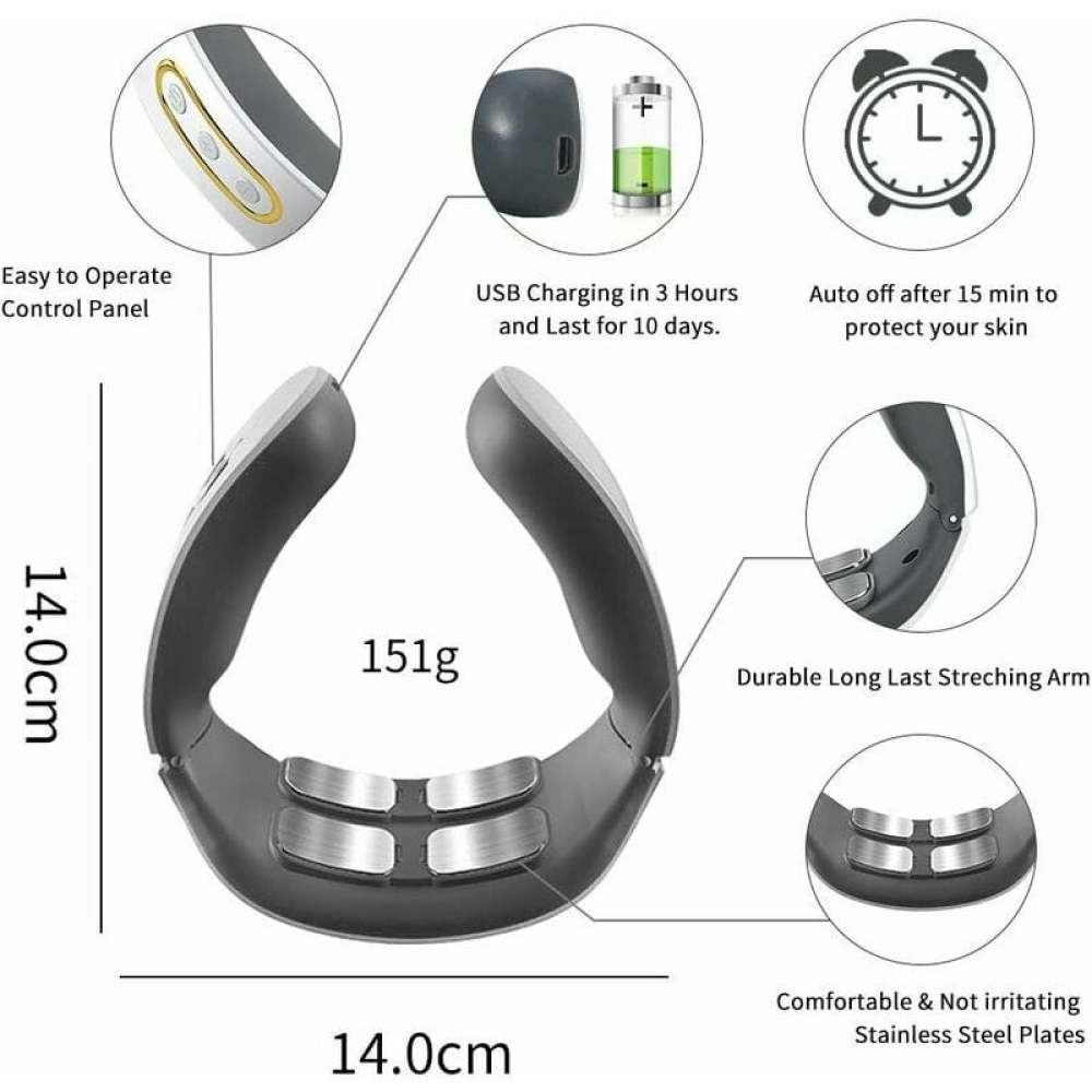 Nackenmassagegerät mit Bedienfeld, USB-Aufladung und Edelstahlplatten. Merkmale sind Auto-Off und Streckarm.