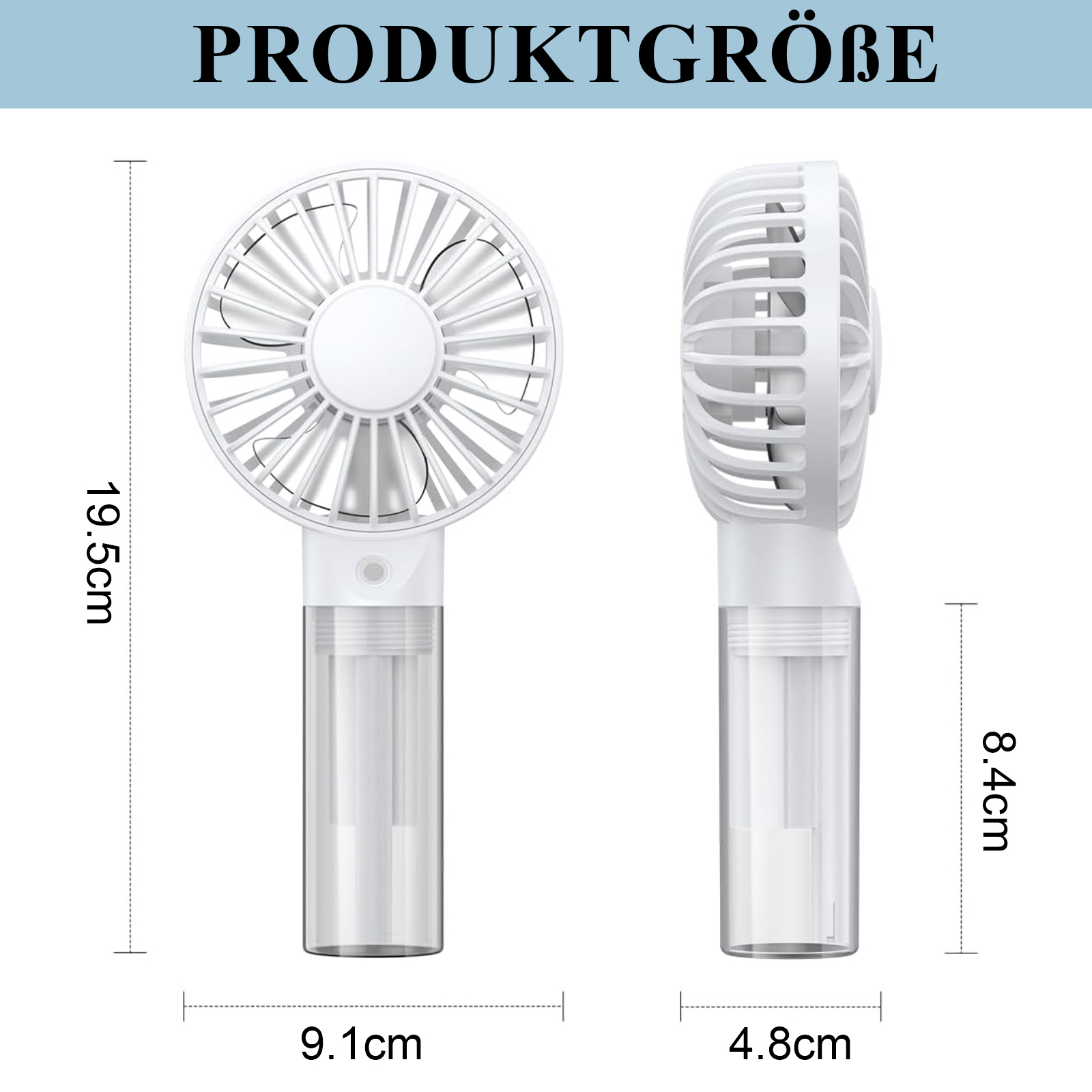 Ein weißer tragbarer Ventilator wird aus zwei Blickwinkeln gezeigt. Maße sind beschriftet: 19,5 cm hoch, 9,1 cm breit und 4,8 cm breit.