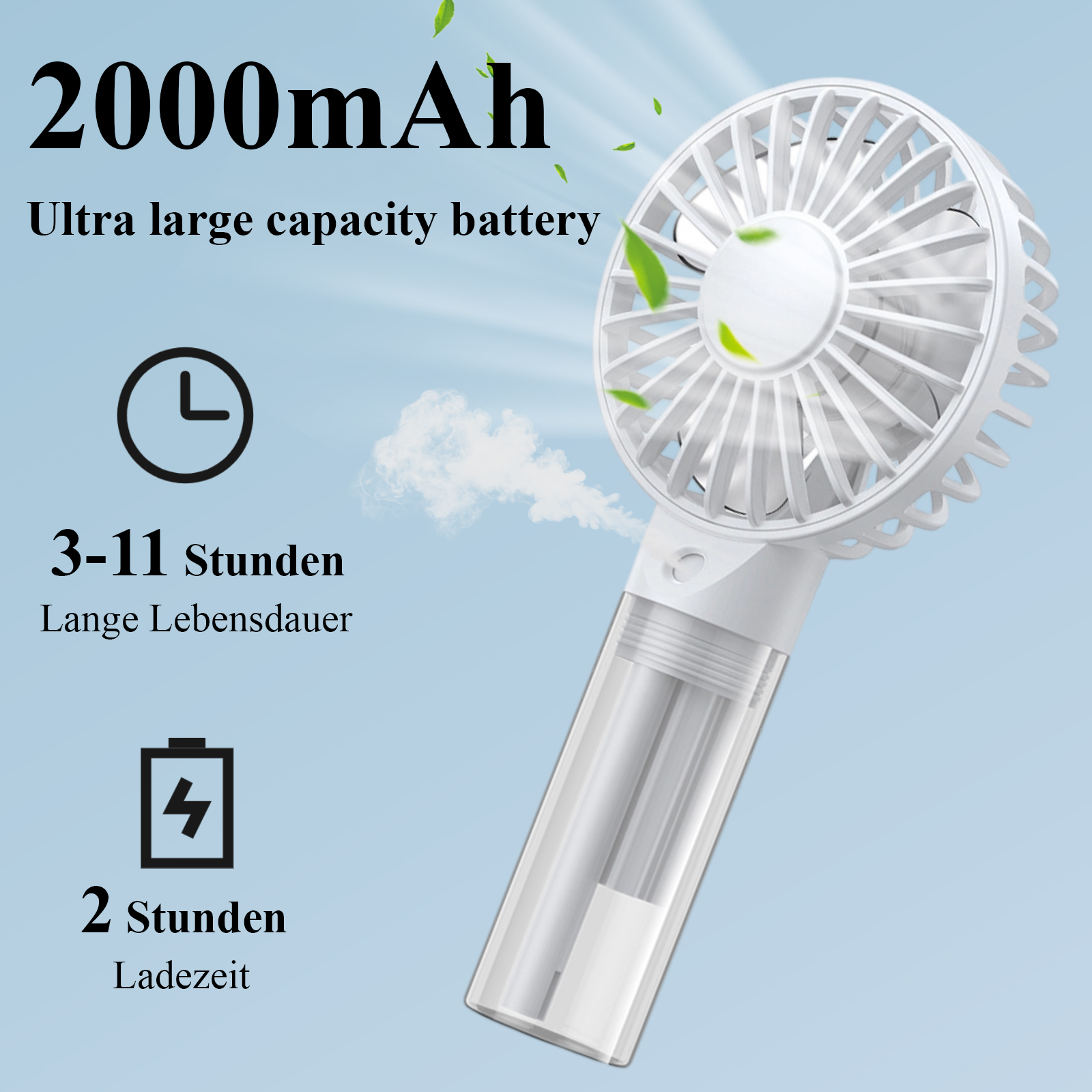 Weißer Handventilator mit transparentem Wasserbehälter. Text hebt 2000mAh Akku, 3-11 Stunden Laufzeit und 2 Stunden Ladezeit hervor.