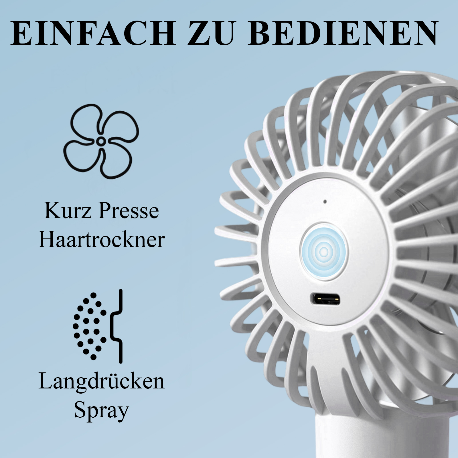 Weißer tragbarer Ventilator mit Text und Symbolen. Text: EINFAC ZU BEDIENEN. Symbole: Ventilator, Föhn und Spray.