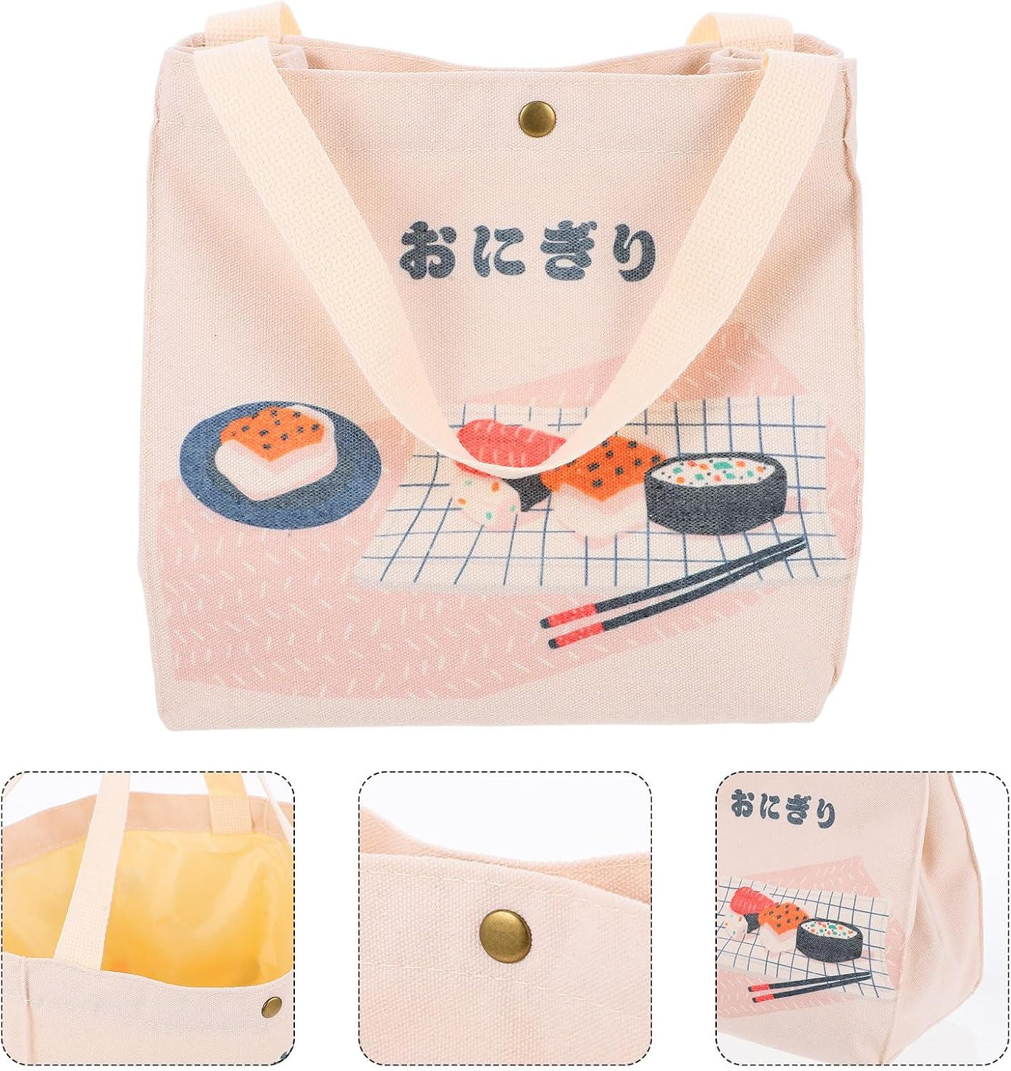 Beige Tragetasche mit Sushi-Illustration. Die Tasche hat Griffe und einen Magnetverschluss. Die Illustration zeigt Sushi und japanischen Text.