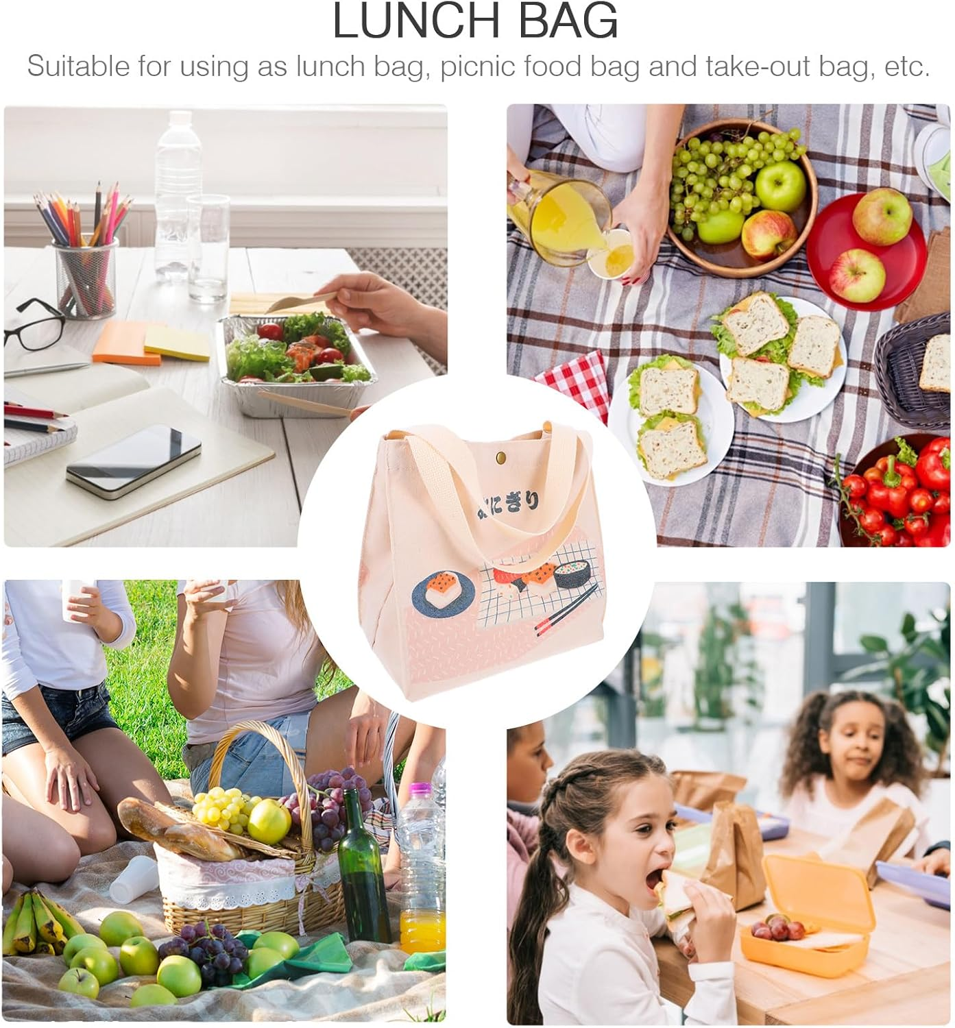Eine Collage von Bildern zeigt eine Lunch-Tasche und verschiedene Picknick-Szenen mit Essen, Menschen und einer Vielzahl von Umgebungen.