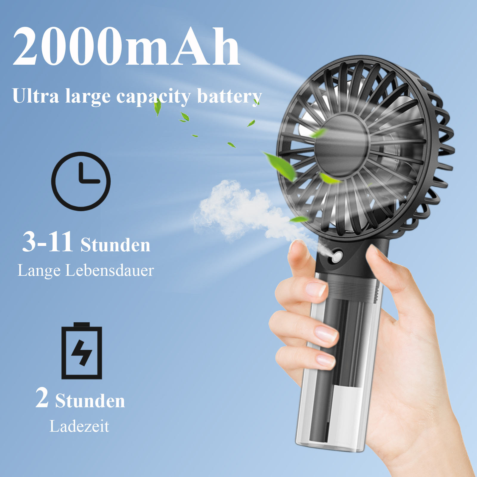 Eine Hand hält einen schwarzen und durchsichtigen Handventilator. Text zeigt 2000mAh Akku, 3-11 Stunden Nutzung und 2 Stunden Ladezeit.