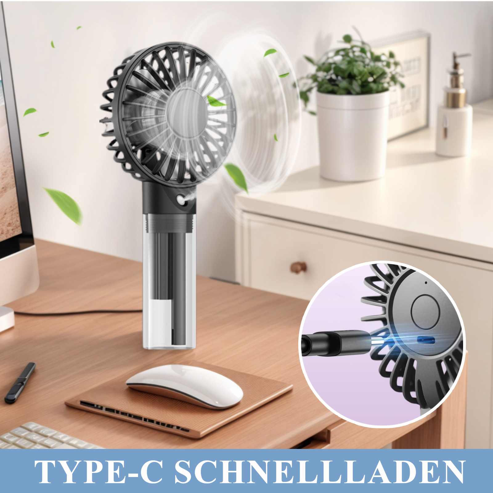 Ein schwarzer und transparenter tragbarer Ventilator steht auf einem Holztisch. Eine Maus und ein Holzpad befinden sich davor. Ein kleineres Bild eines Ventilators ist in einem Kreis.