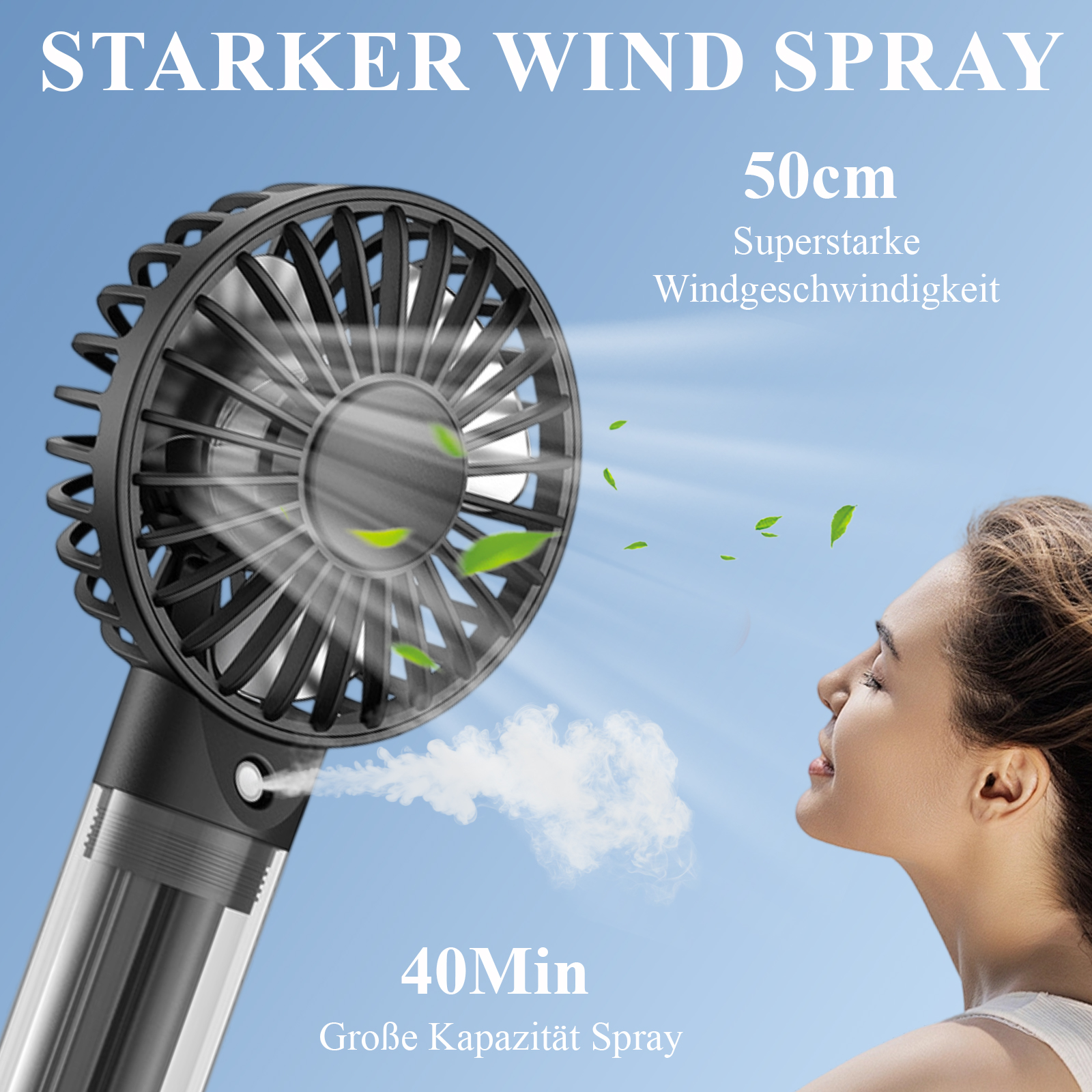 Eine Frau blickt in einen Ventilator mit Spray. Der Ventilator ist schwarz, der Hintergrund ist blau mit Text, Blättern und Dampf.