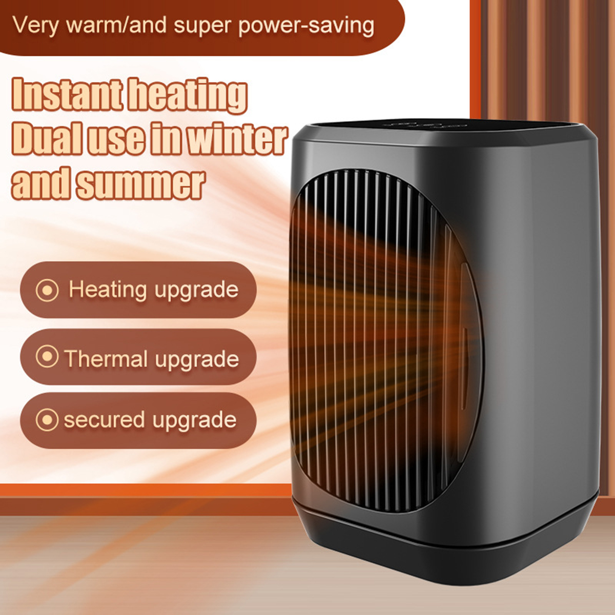 Ein schwarzer Elektroheizer mit vertikalem Grill, Text über Heizungs-Upgrade und Doppelnutzung im Winter und Sommer.