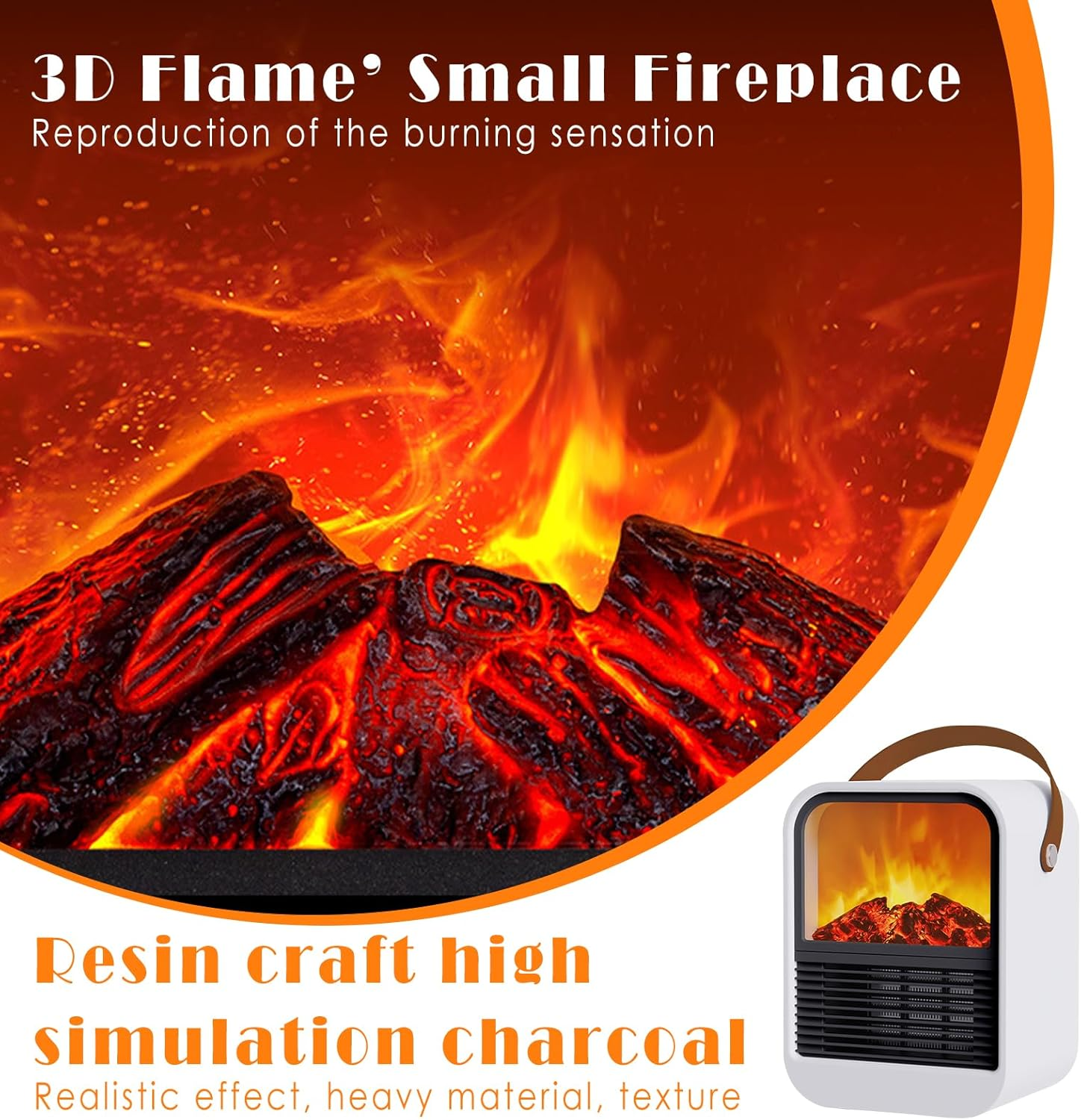 Das Bild zeigt einen kleinen elektrischen Kamin mit simuliertem Flammeneffekt. Er hat einen weißen Rahmen, einen Griff und realistische Holzkohle.