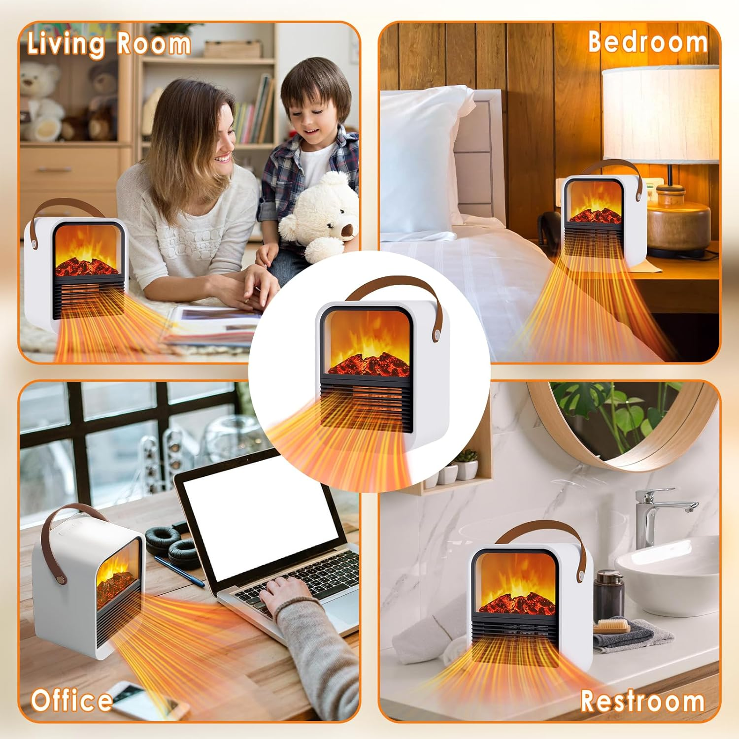 Das Bild zeigt einen weißen Heizlüfter mit Kaminbild in verschiedenen Räumen: Wohnzimmer, Schlafzimmer, Büro und Toilette.