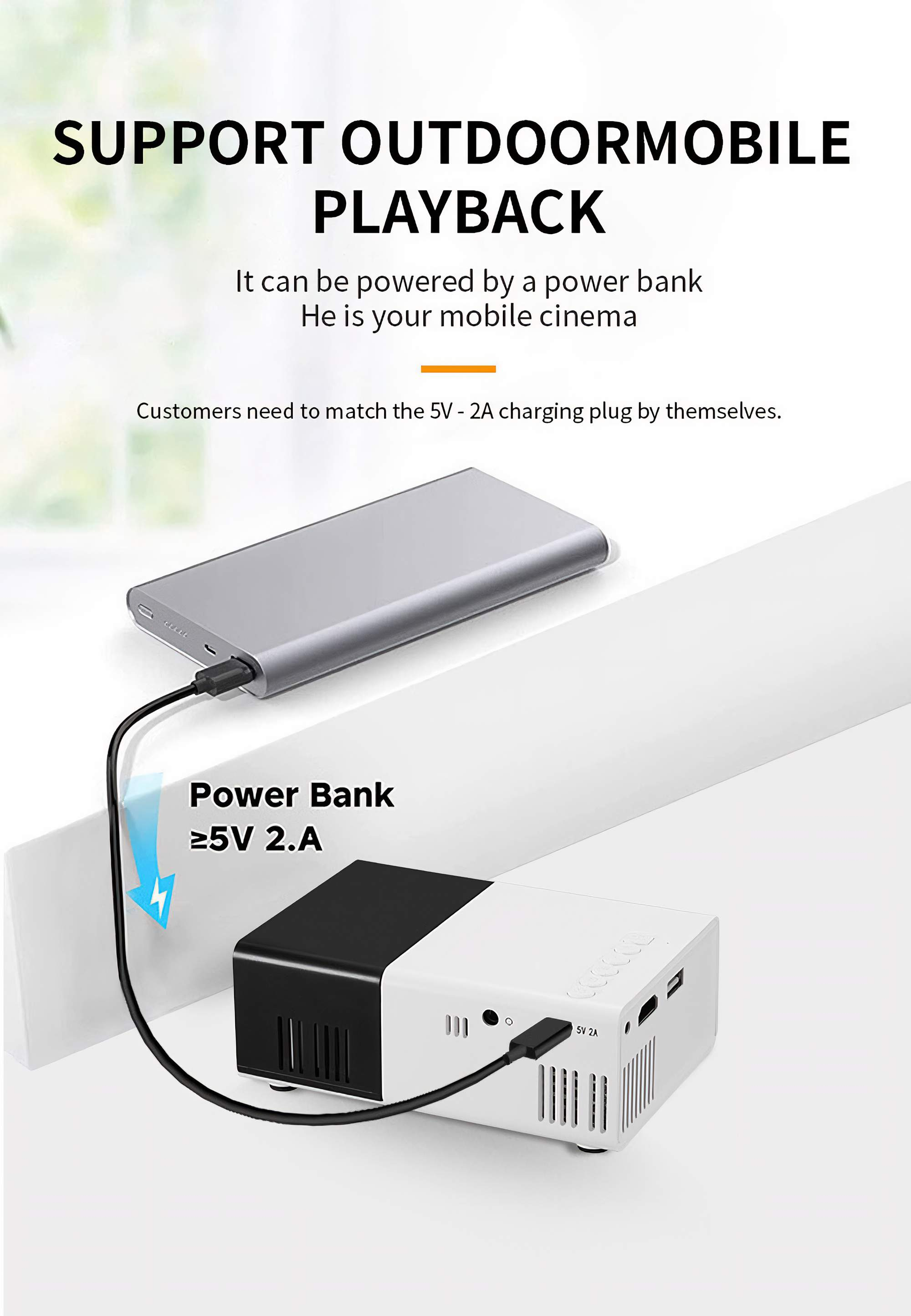 Ein Projektor und eine Powerbank sind durch ein Kabel verbunden. Text sagt: "Power Bank ≥5V 2.A".