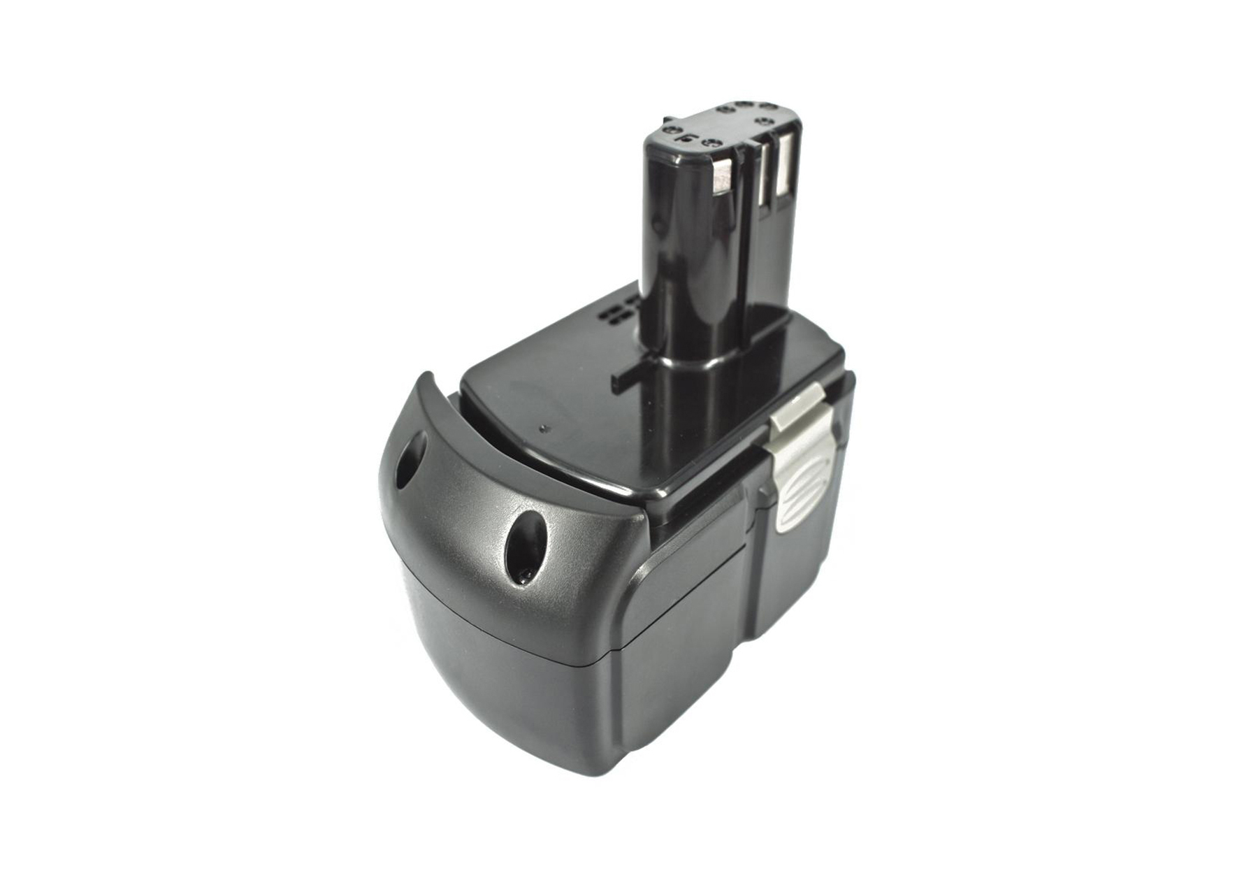 Un pacco batteria nero per un utensile elettrico. Ha una parte superiore nera con due pin e un fermo argentato sul lato.