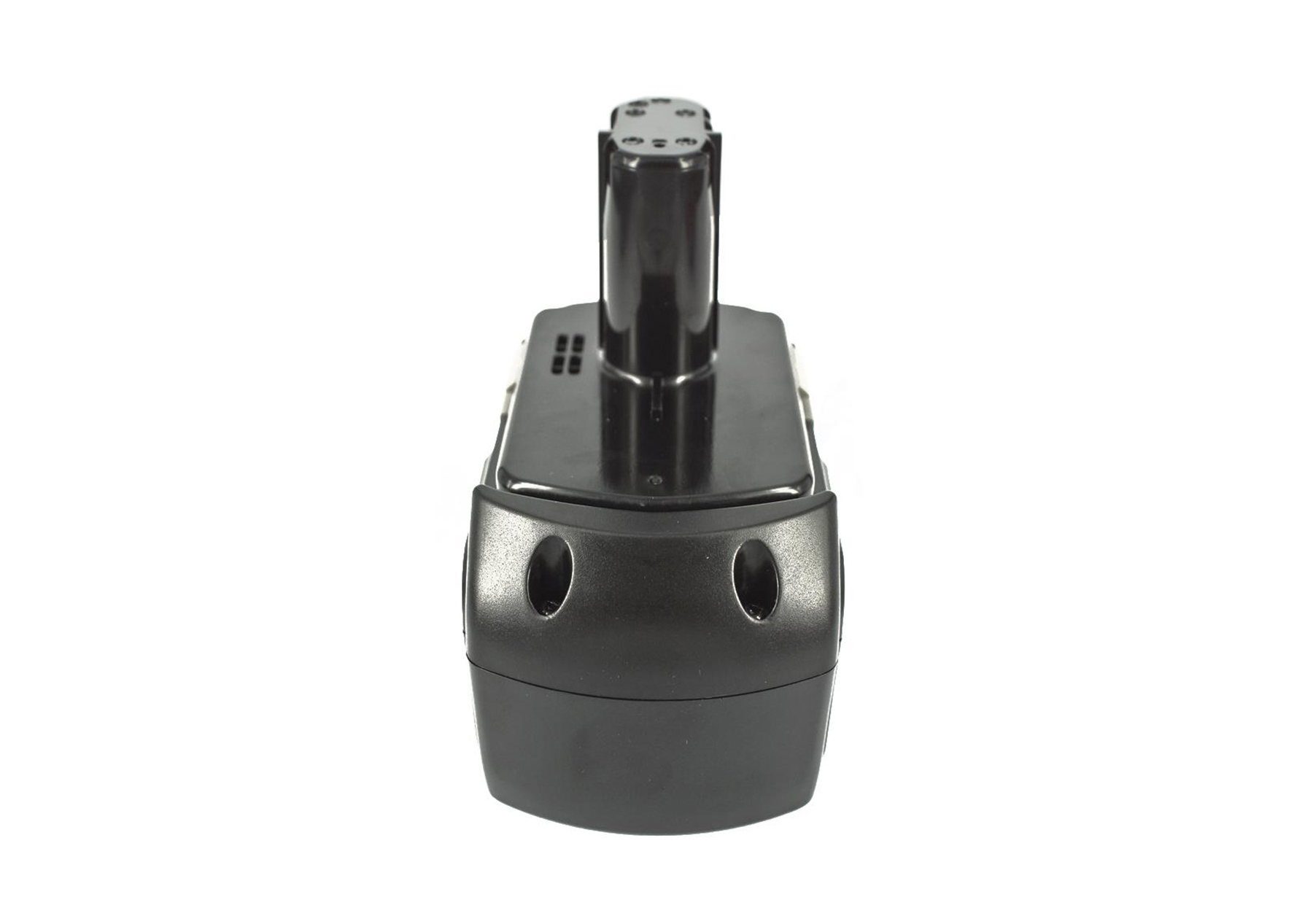 Un pacco batteria nero. Ha una sezione lunga e verticale e due fori circolari sulla parte anteriore. Lo sfondo è bianco.