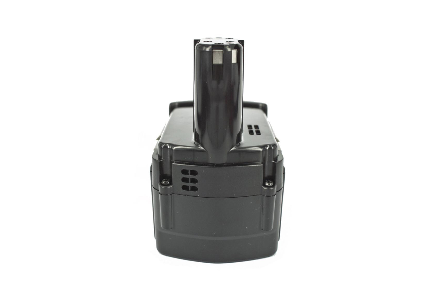 Una batteria nera per trapano avvitatore, in posizione verticale, su sfondo bianco. Ha una parte superiore cilindrica e un corpo rettangolare.
