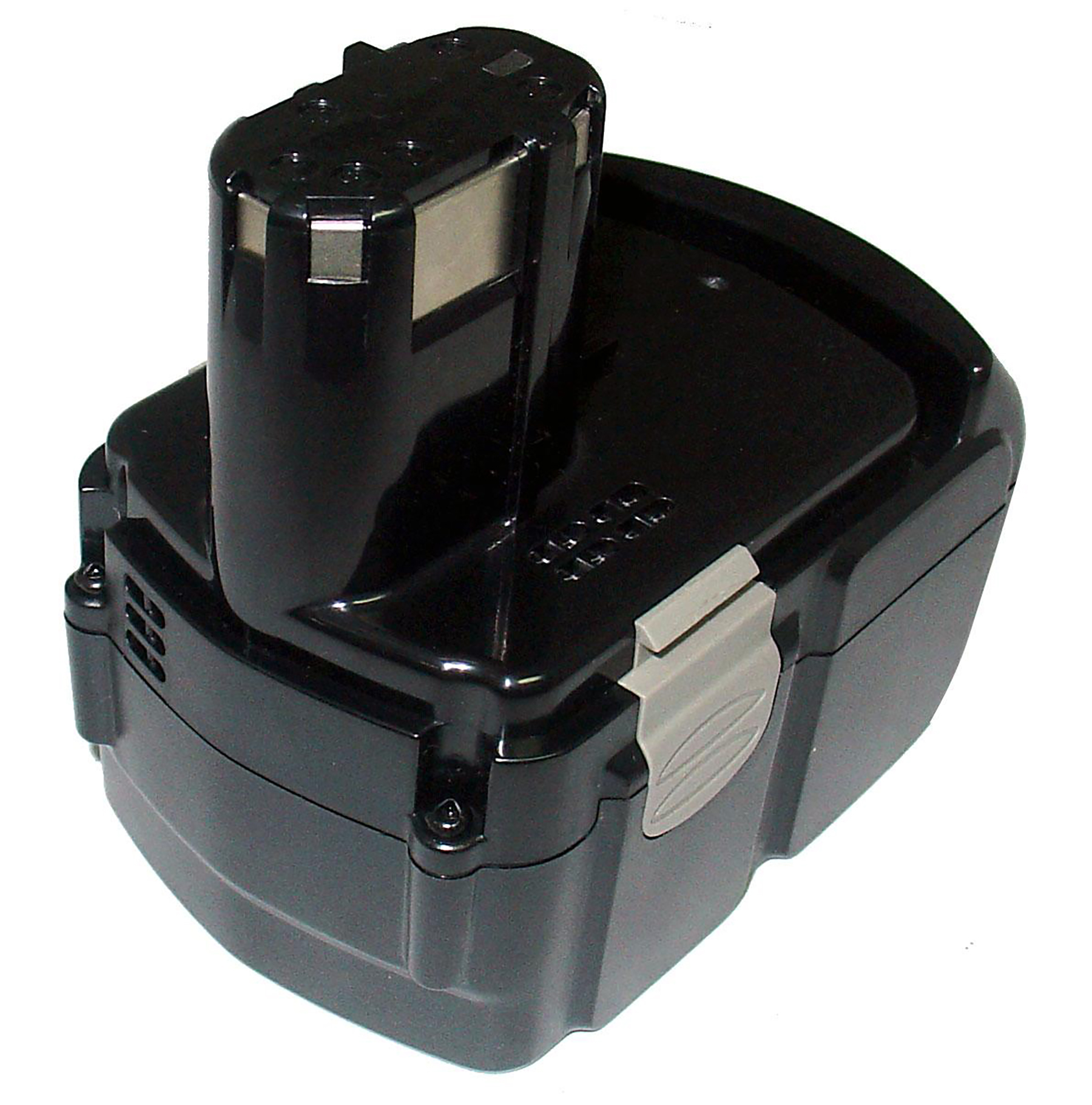 Una batteria nera per utensili elettrici con parte superiore cilindrica e base rettangolare, pulsante grigio. Sfondo bianco.