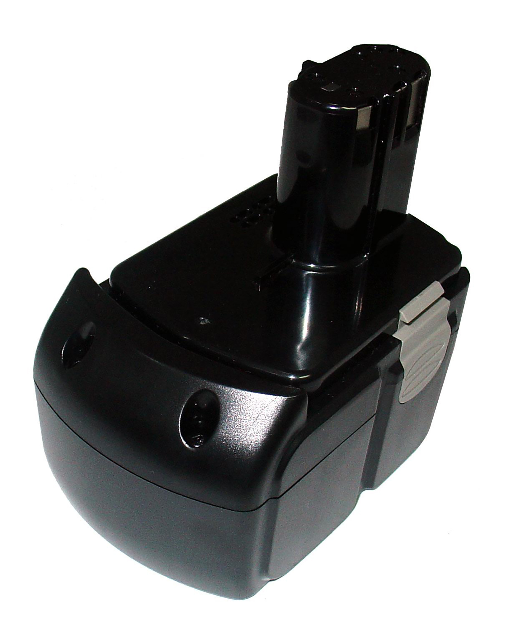 Un pacco batteria nero per un utensile elettrico, con un corpo rettangolare e una sezione superiore. Ha un pulsante di rilascio grigio.
