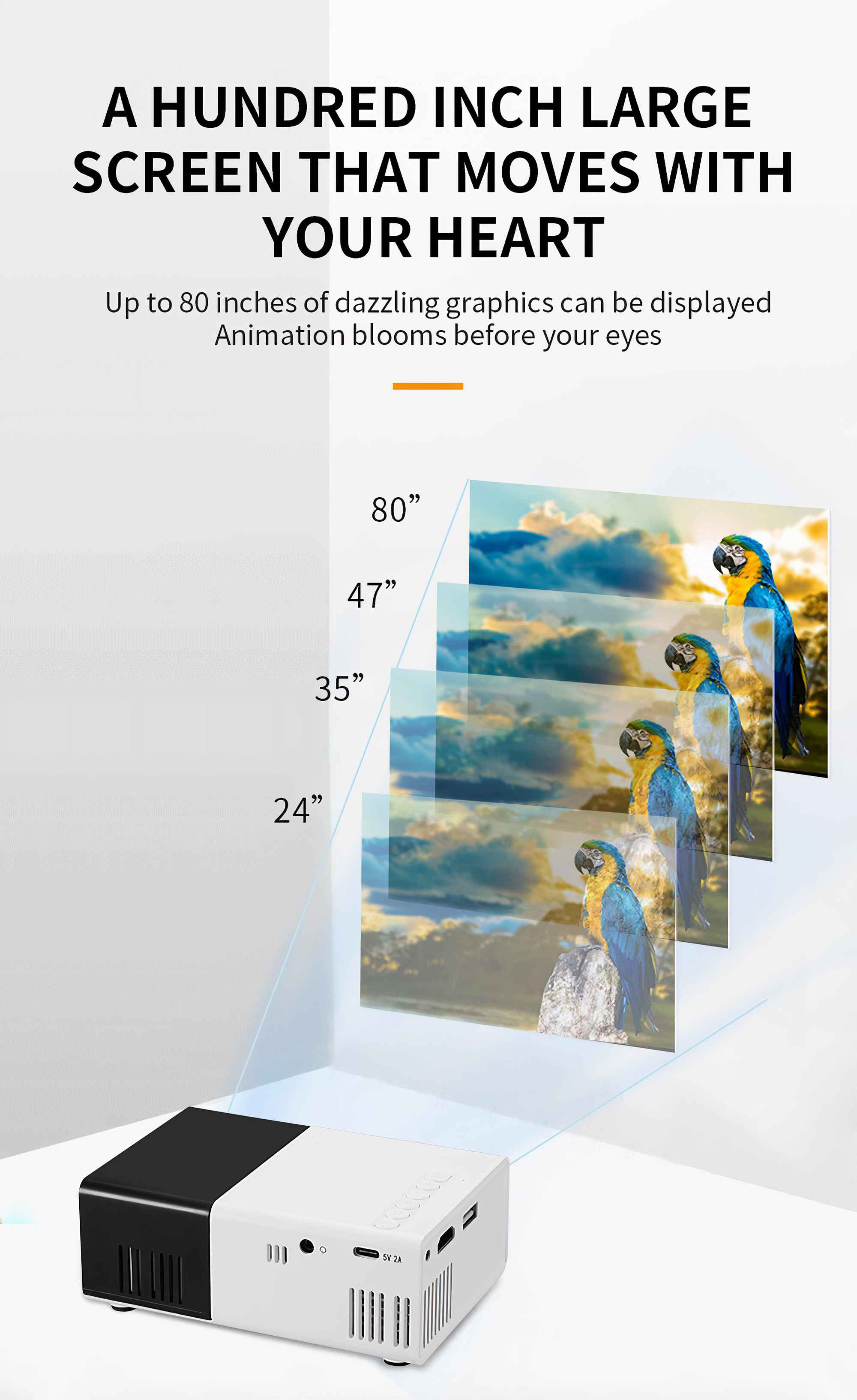 Ein Projektor zeigt Papageienbilder. Text erwähnt Bildschirmgrößen. Der Projektor ist schwarz-weiß, mit dem Text: 'A HUNDRED INCH LARGE SCREEN'.