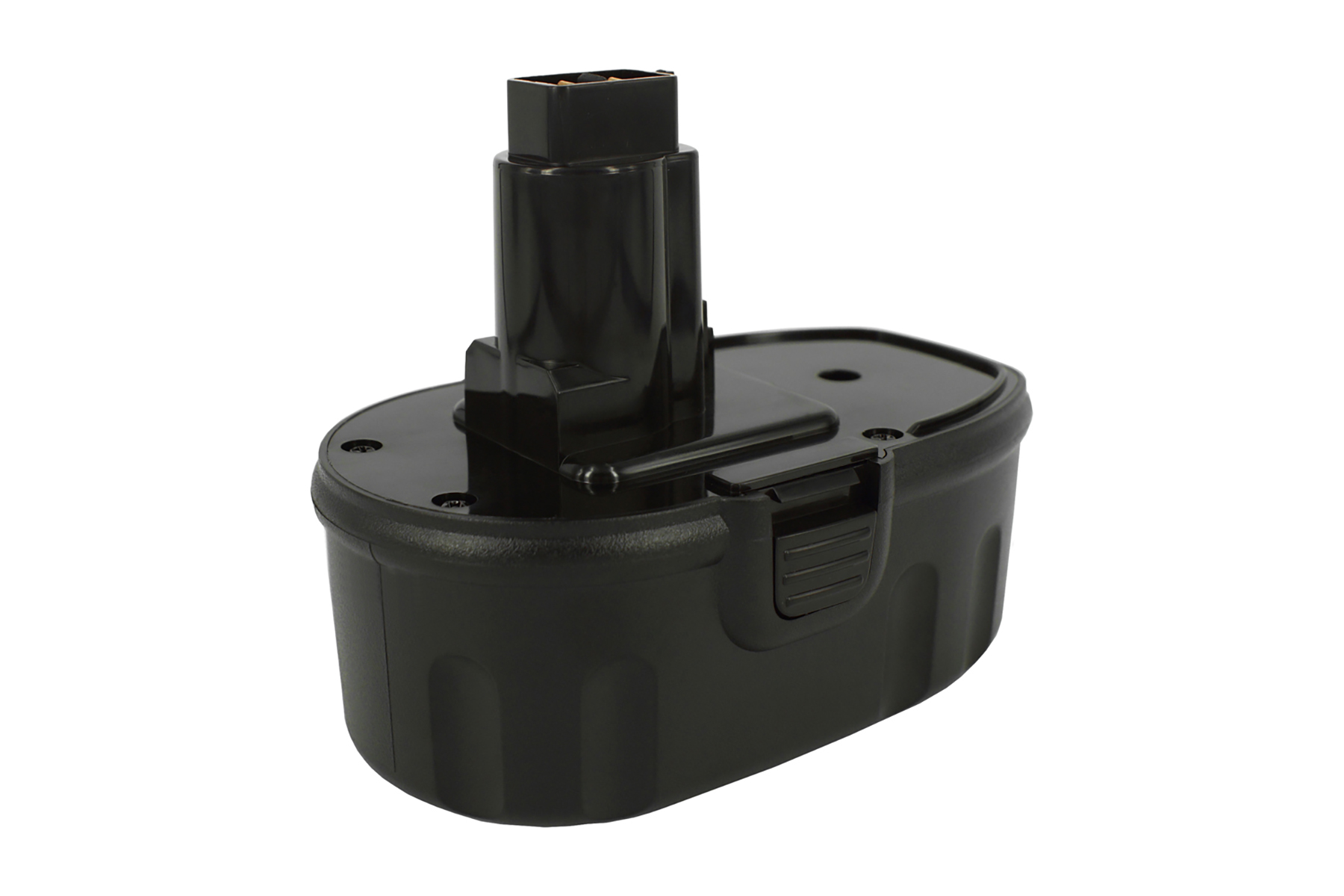 Un pacco batteria nero per trapano senza fili su sfondo bianco. Ha un connettore rettangolare e un corpo cilindrico.