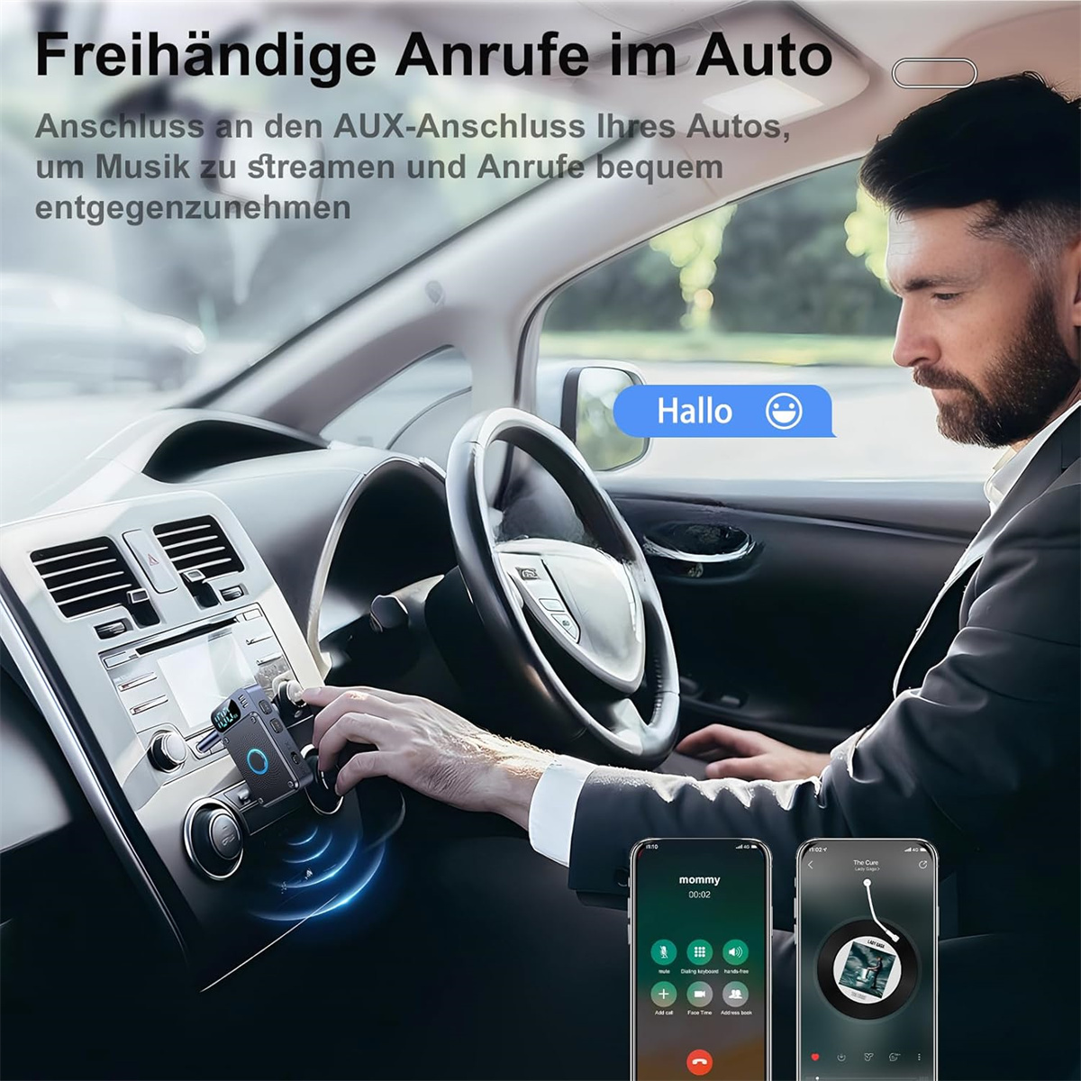 Ein Mann im Auto benutzt eine Freisprecheinrichtung. Zwei Handys zeigen Anrufe und Musik-Oberflächen.