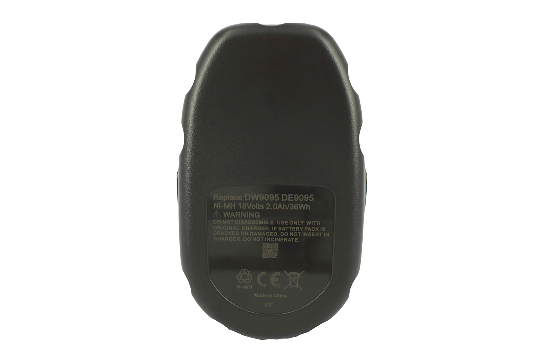 Un pacco batteria nero con testo: Sostituire DW9095 DE9095, Ni-MH 18Volt, avvertenze e altri dettagli.