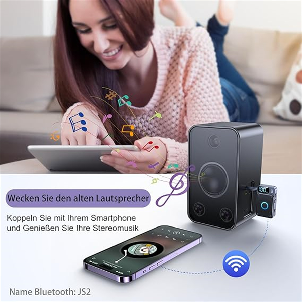 Frau mit Tablet, Noten, Lautsprecher, Smartphone und Bluetooth-Symbol. Text: Wecken Sie den alten Lautsprecher. Name Bluetooth: JS2
