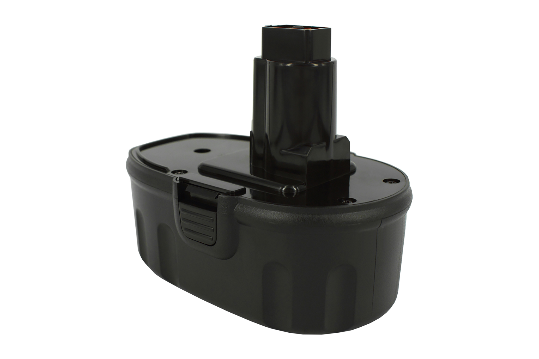 Batteria nera per utensili elettrici su sfondo bianco. Ha una parte superiore rettangolare e una base cilindrica.