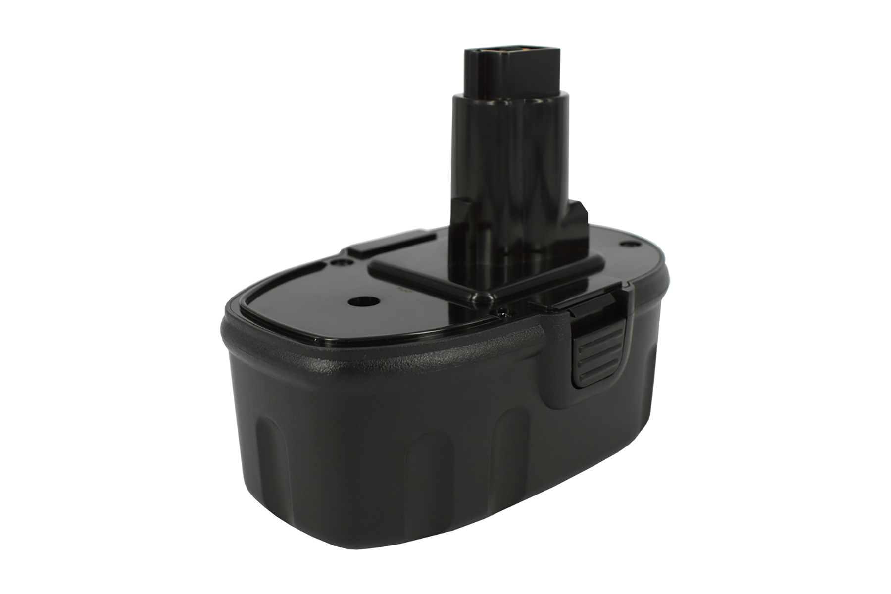 Una batteria nera per trapano avvitatore senza fili su sfondo bianco. La batteria ha una base rettangolare e una parte superiore cilindrica.