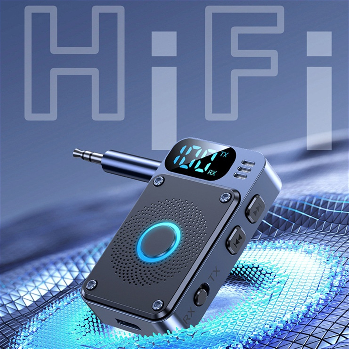 Ein schwarzer Hi-Fi-Empfänger mit Bildschirm, Knöpfen und Stecker. Blauer Hintergrund mit leuchtenden Linien und dem Wort Hi-Fi in Weiß.