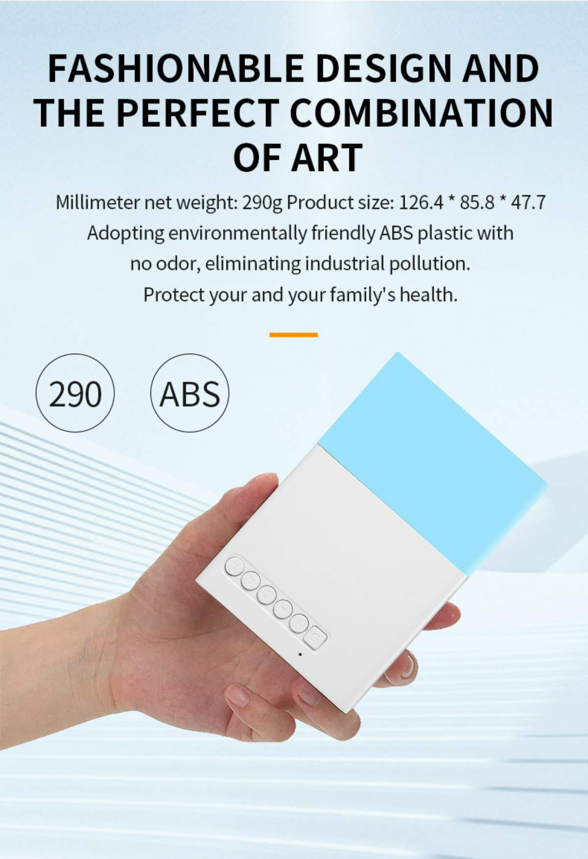 Eine Hand hält ein weißes Gerät mit blauem Oberteil. Text lautet 'FASHIONABLE DESIGN' und Produktdetails.