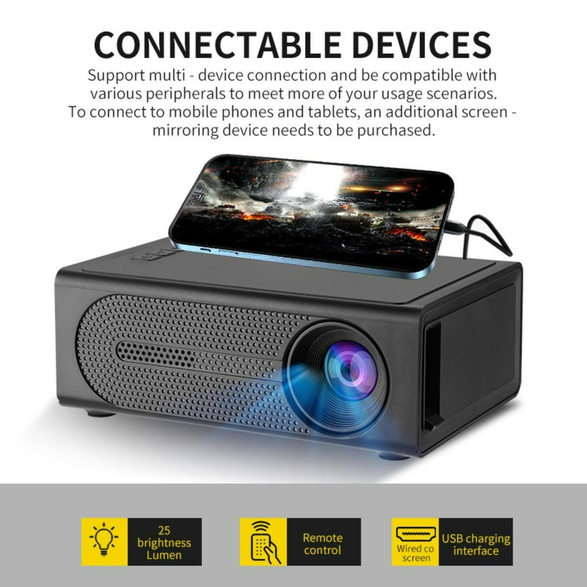 Schwarzer Projektor mit Telefon oben. Oben steht 'CONNECTABLE DEVICES'. Symbole unten zeigen Funktionen an.