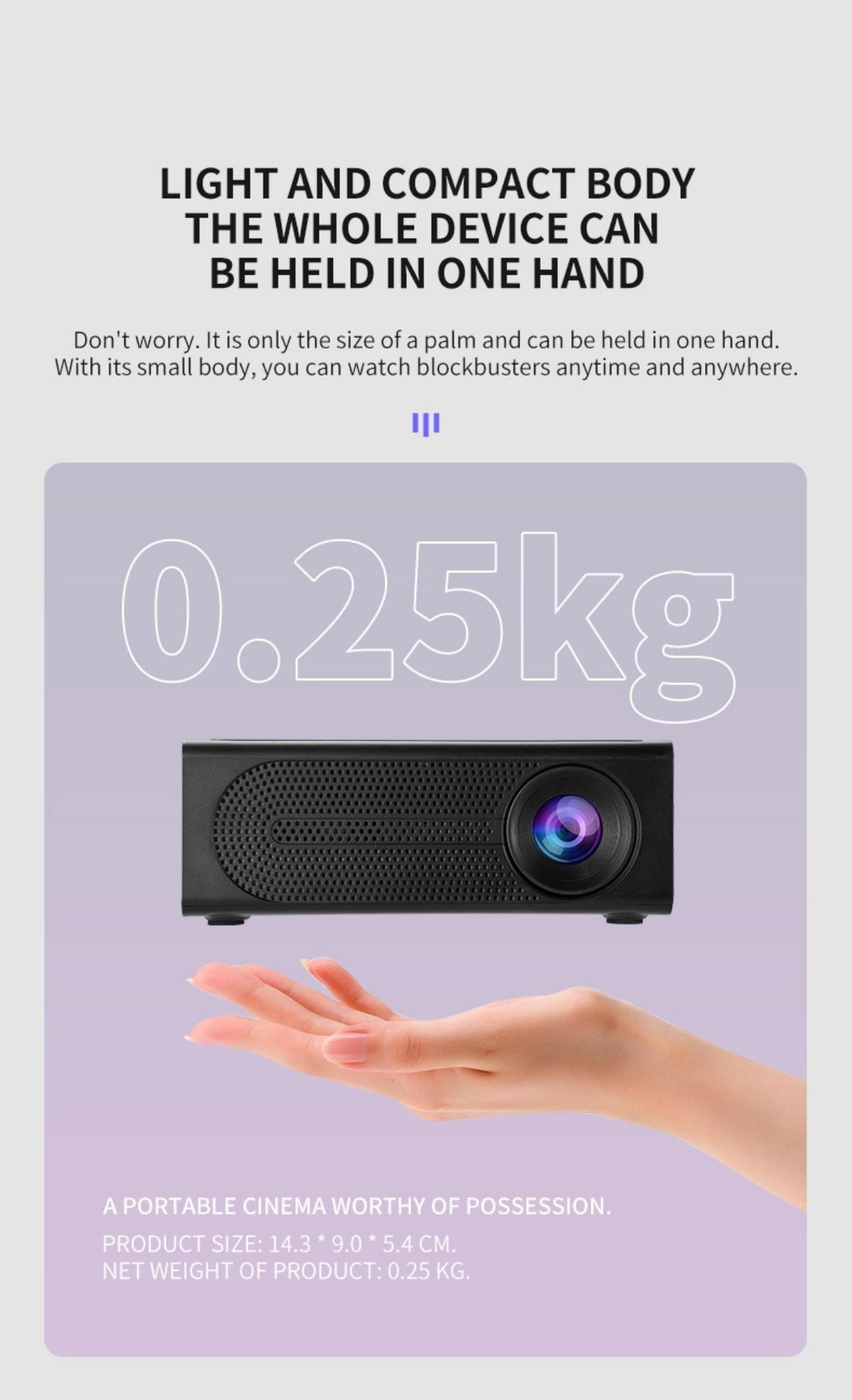 Ein kleiner schwarzer Projektor wird in einer Hand gehalten. Der Text lautet "0,25 kg" und wirbt für die Größe und Tragbarkeit des Produkts.