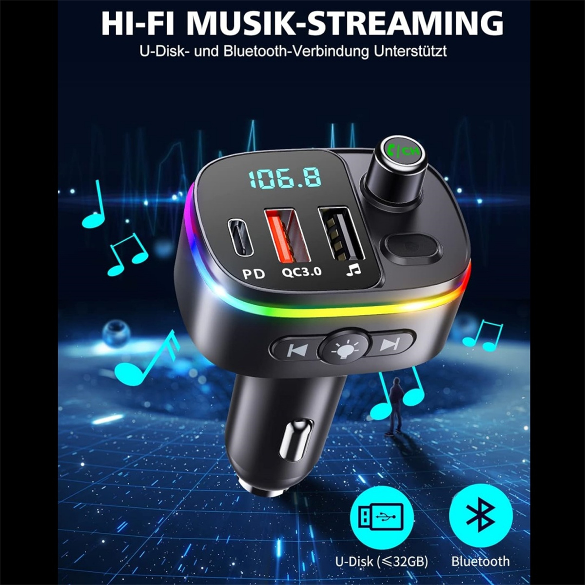 Schwarzer Auto-Audioadapter mit Digitalanzeige, USB-Anschlüssen und farbigen Lichtakzenten. Mit Bluetooth- und U-Disk-Unterstützung.