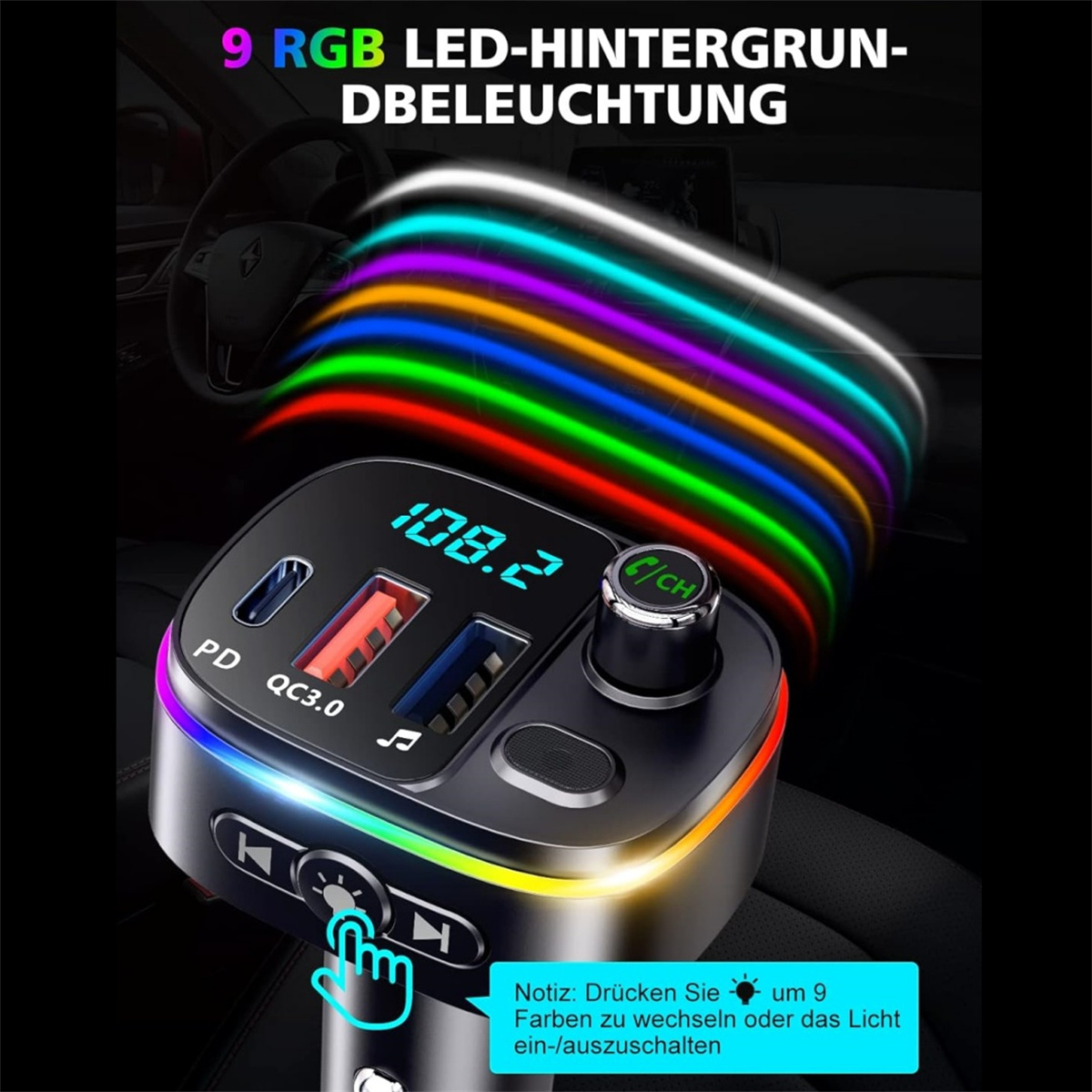 Kfz-Ladegerät mit LED-Leuchten. Zeigt 108.2 an. Verfügt über USB-Anschlüsse und Bedientasten. Bunte Lichtstrahlen gehen vom Gerät aus.