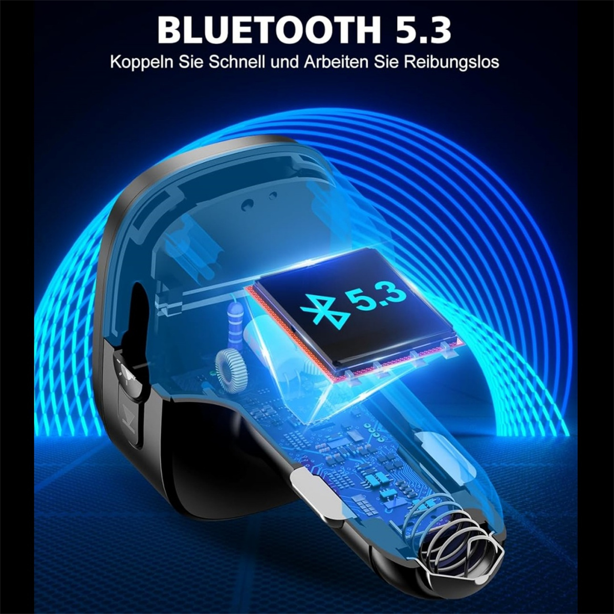 Ein schwarzes Bluetooth-Gerät mit transparentem blauem Overlay, das interne Komponenten und eine 5.3-Anzeige zeigt.