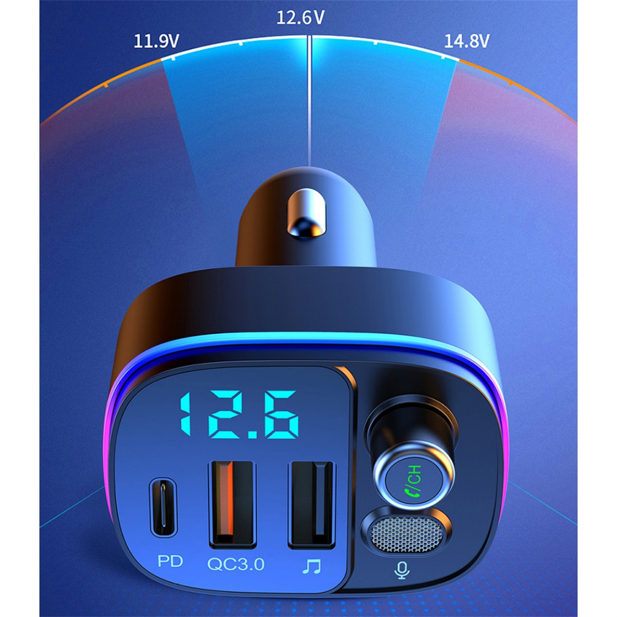 Ein schwarzes Autoladegerät mit Digitalanzeige, die 12,6 V anzeigt. Verfügt über USB-Anschlüsse, ein Rad und ein Mikrofon.