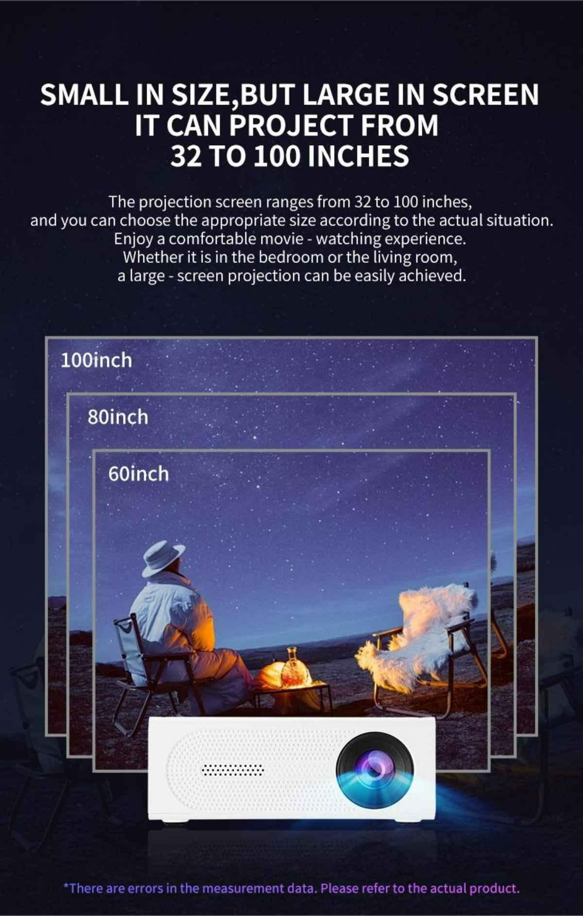 Ein Projektor zeigt eine Sternenhimmel-Szene mit einer Person in einem Stuhl. Text zeigt Projektionsgrößen von 32 bis 100 Zoll.
