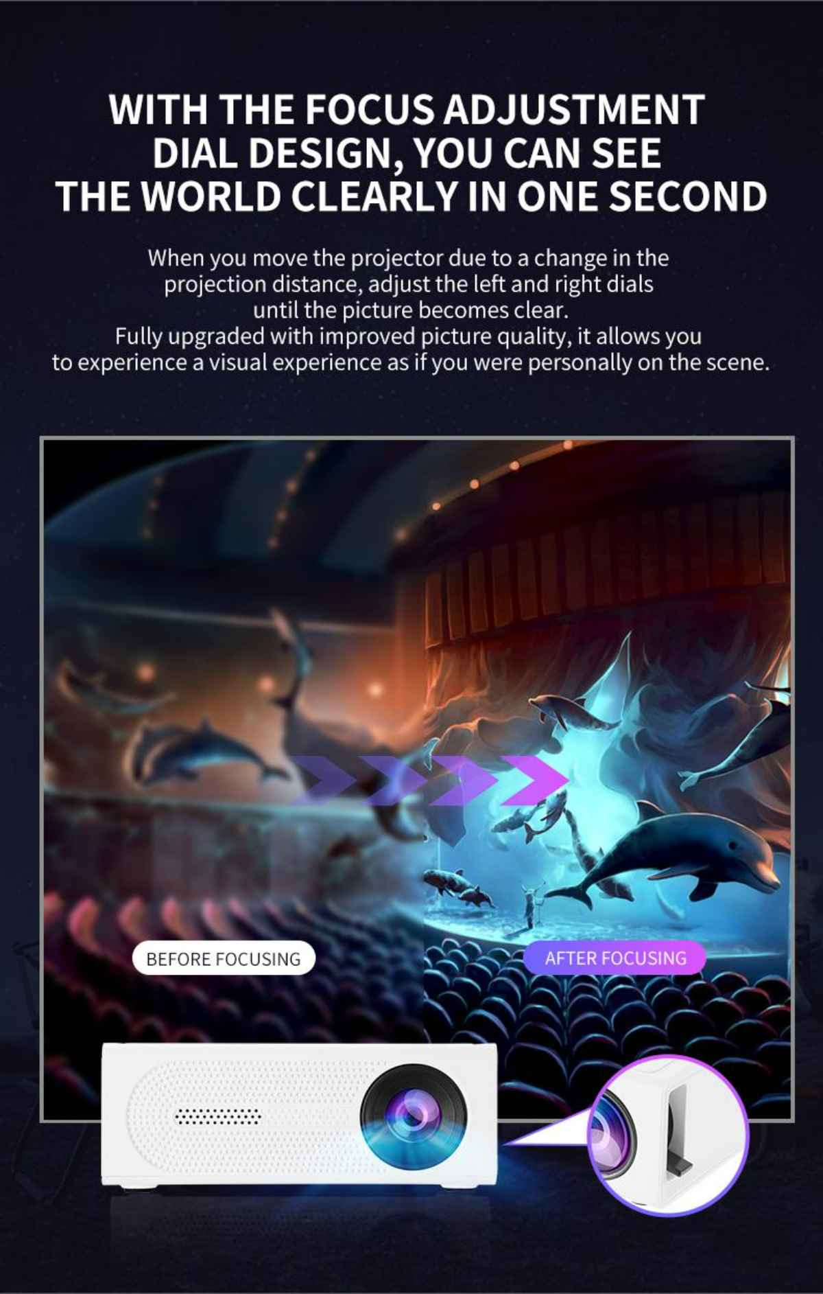 Ein weißer Projektor zeigt ein unscharfes Bild von Delfinen. Das Bild wird durch Fokuseinstellung klarer. Text hebt Fokusmerkmale hervor.