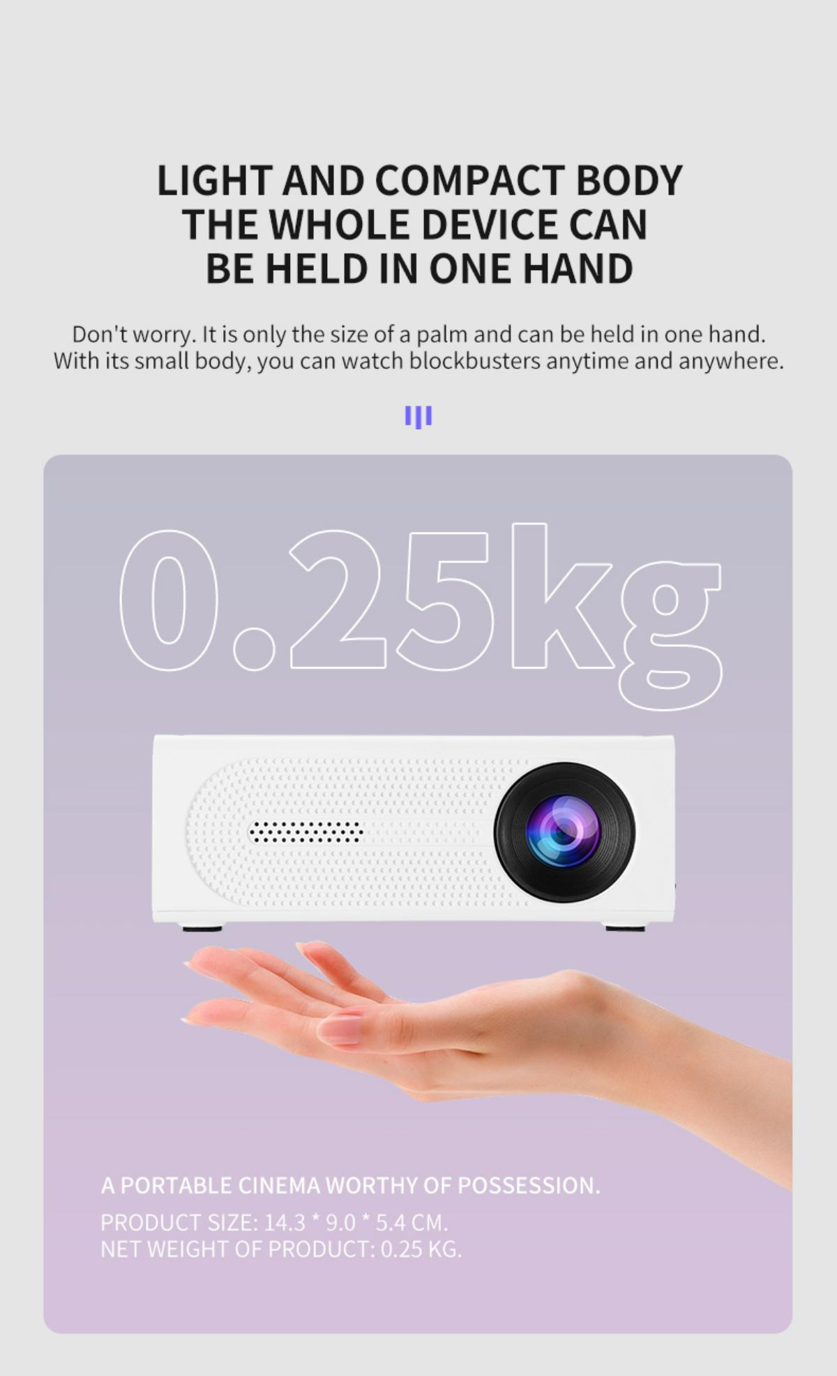 Ein weißer Projektor wird in einer Hand gehalten. Das Bild zeigt Text über Größe und Gewicht des Geräts (0,25 kg).