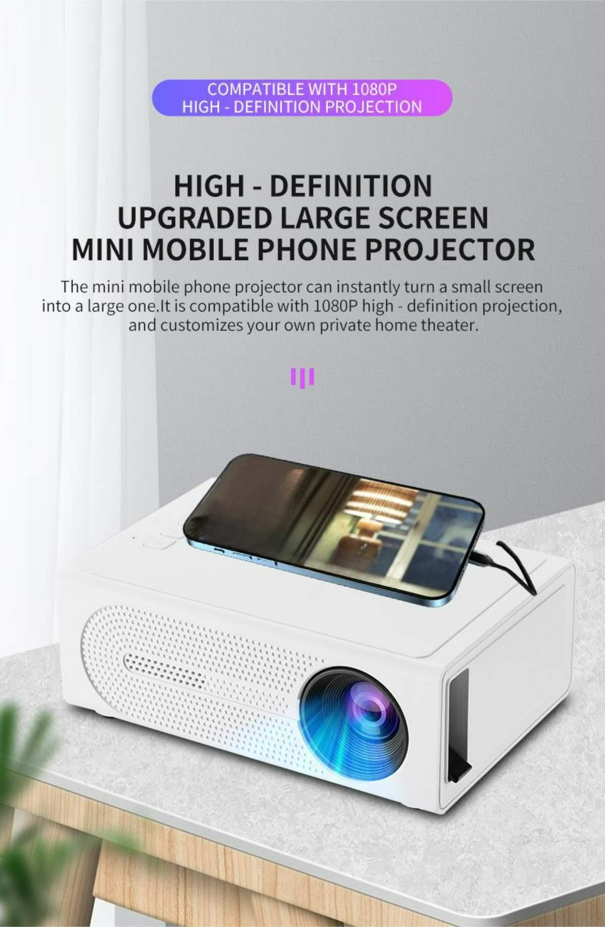 Ein weißer Mini-Projektor mit einem Smartphone oben drauf. Text auf dem Bild sagt 'Upgraded Large Screen Mini Mobile Phone Projector'.