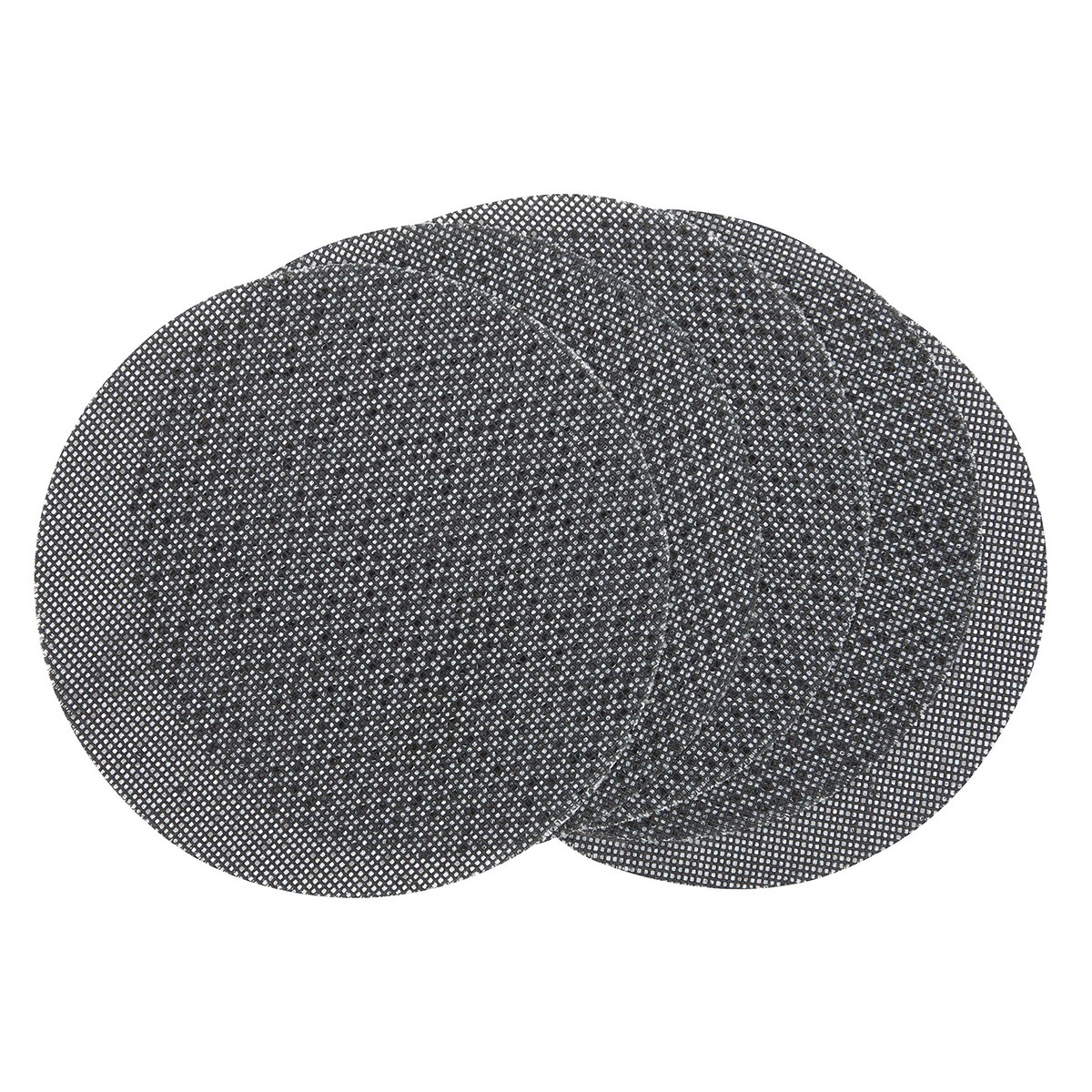 Una pila de manteles individuales redondos de color gris oscuro con textura tejida sobre un fondo blanco. Los manteles se superponen.