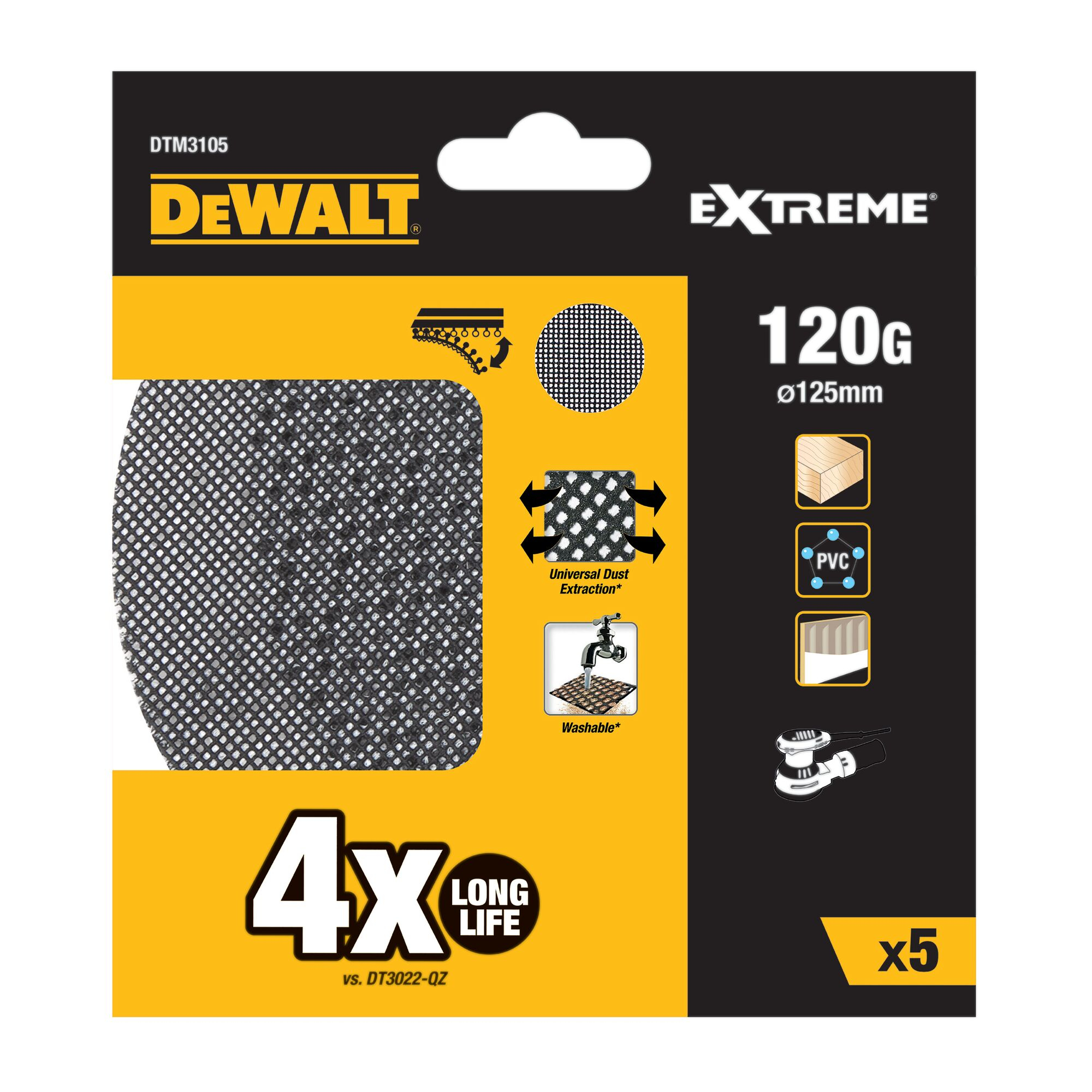 Un paquete de productos DeWalt. Muestra un disco de lijado, con fondo blanco y texto negro y amarillo. Tiene información e iconos.