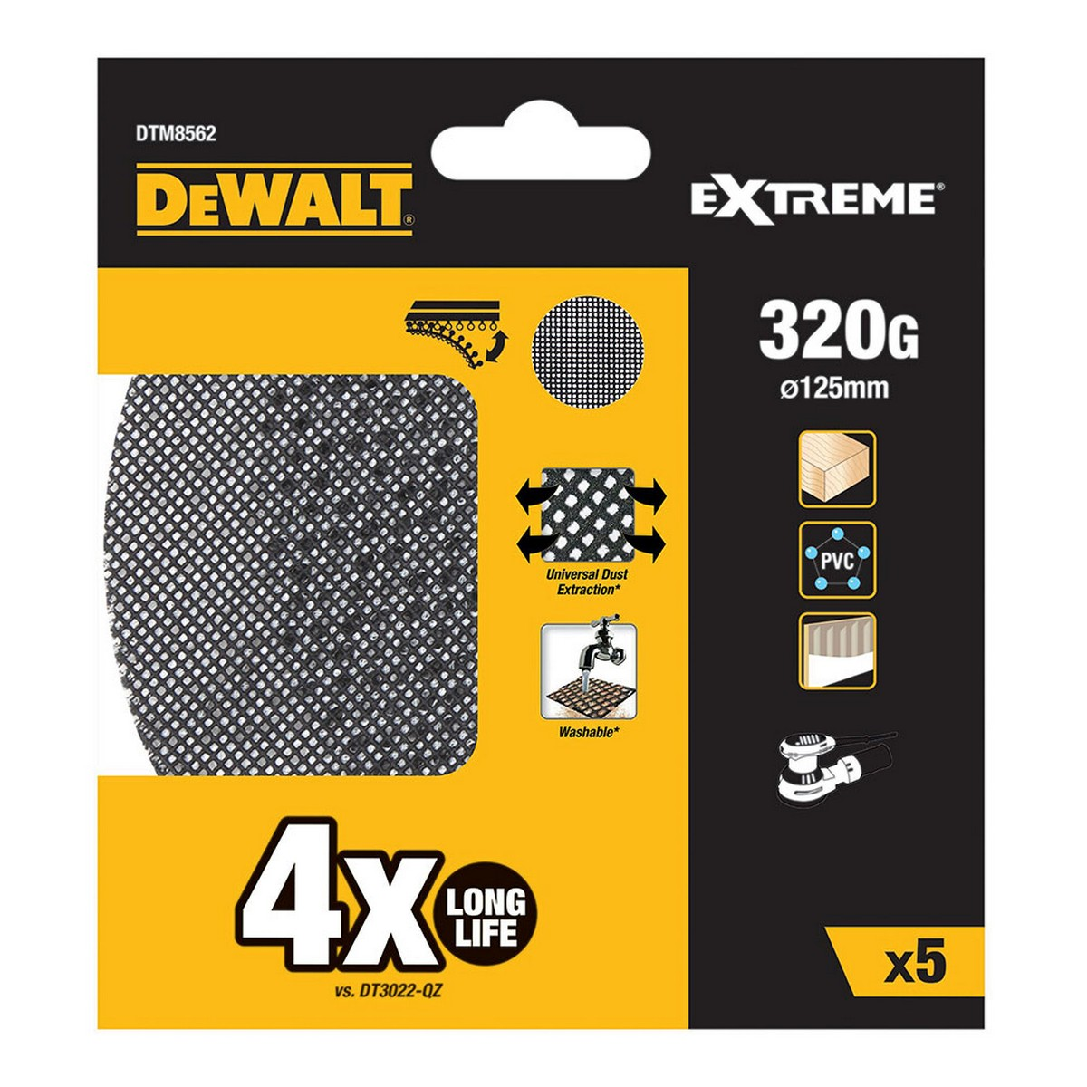 Paquete de discos de lijado Dewalt Extreme. Incluye un disco de malla negra, especificaciones del producto e iconos de madera, PVC y una lijadora.