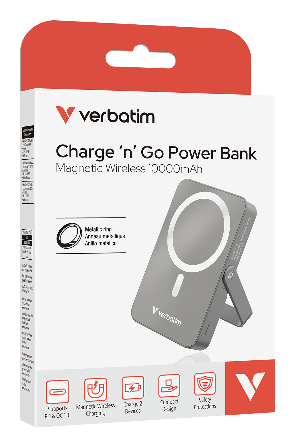 Pudełko power banku Verbatim. Jest napisane 'Charge 'n' Go Power Bank'. Szary power bank z metalowym pierścieniem. Obsługuje PD & QC 3.0.