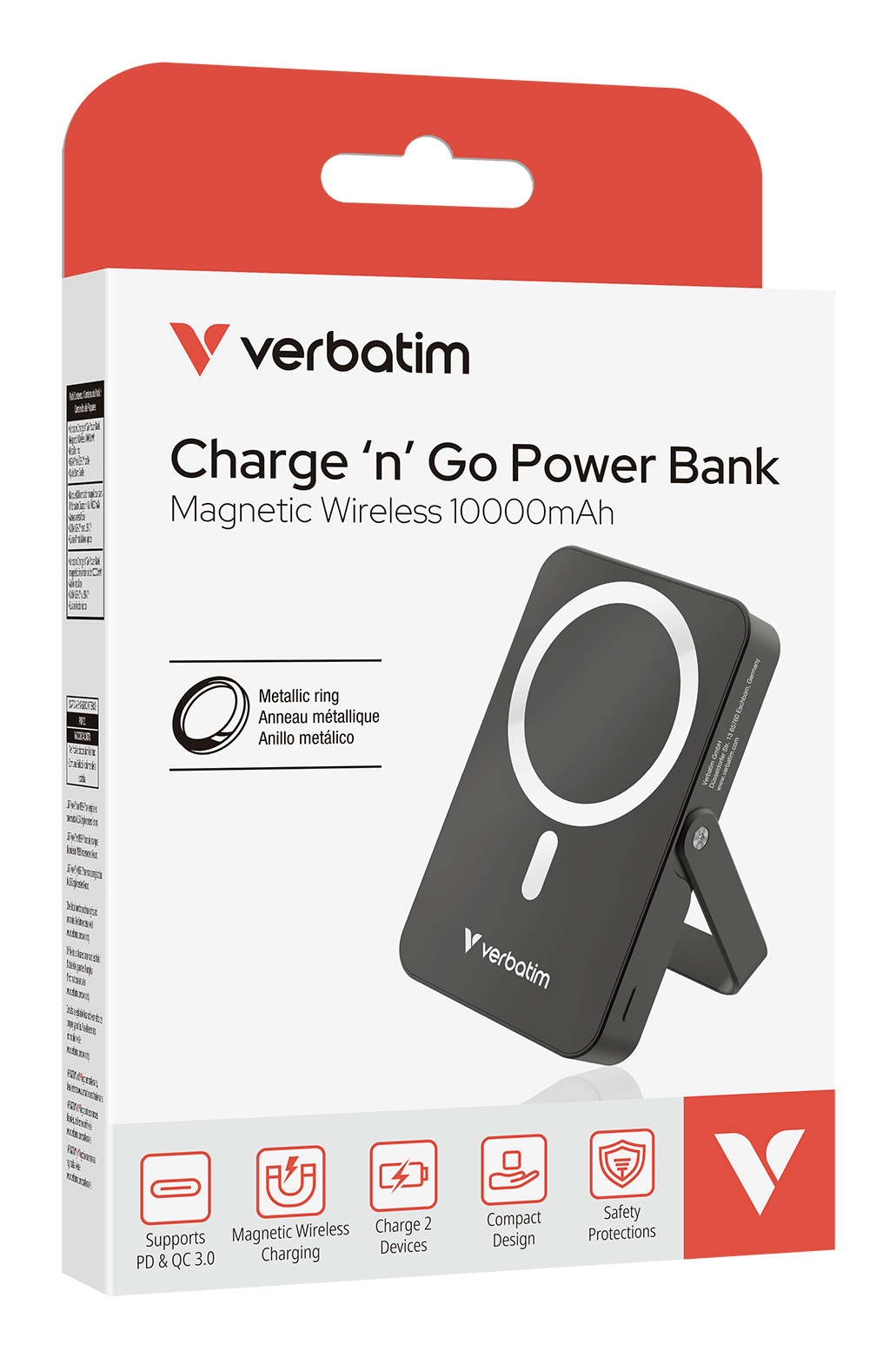 Pudełko Verbatim Charge 'n' Go Power Bank. Ma czarny power bank z białym, okrągłym obszarem ładowania i logo Verbatim.