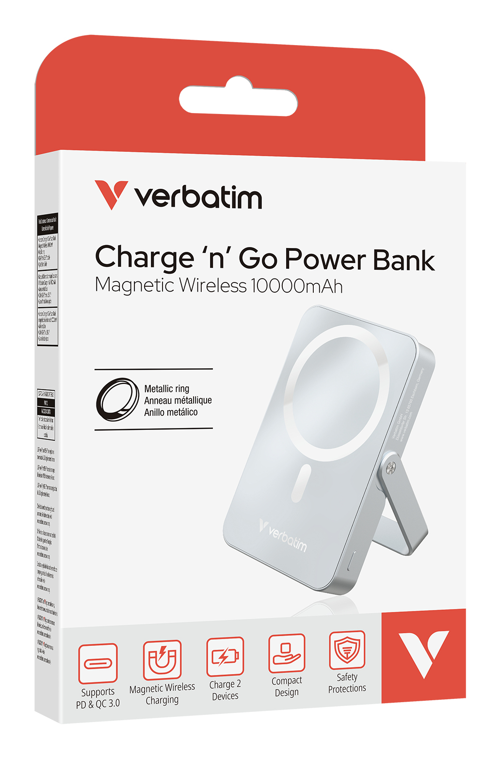 Białe pudełko Verbatim Charge 'n' Go Power Bank. Zawiera ładowanie bezprzewodowe, kompaktową konstrukcję i zabezpieczenia.