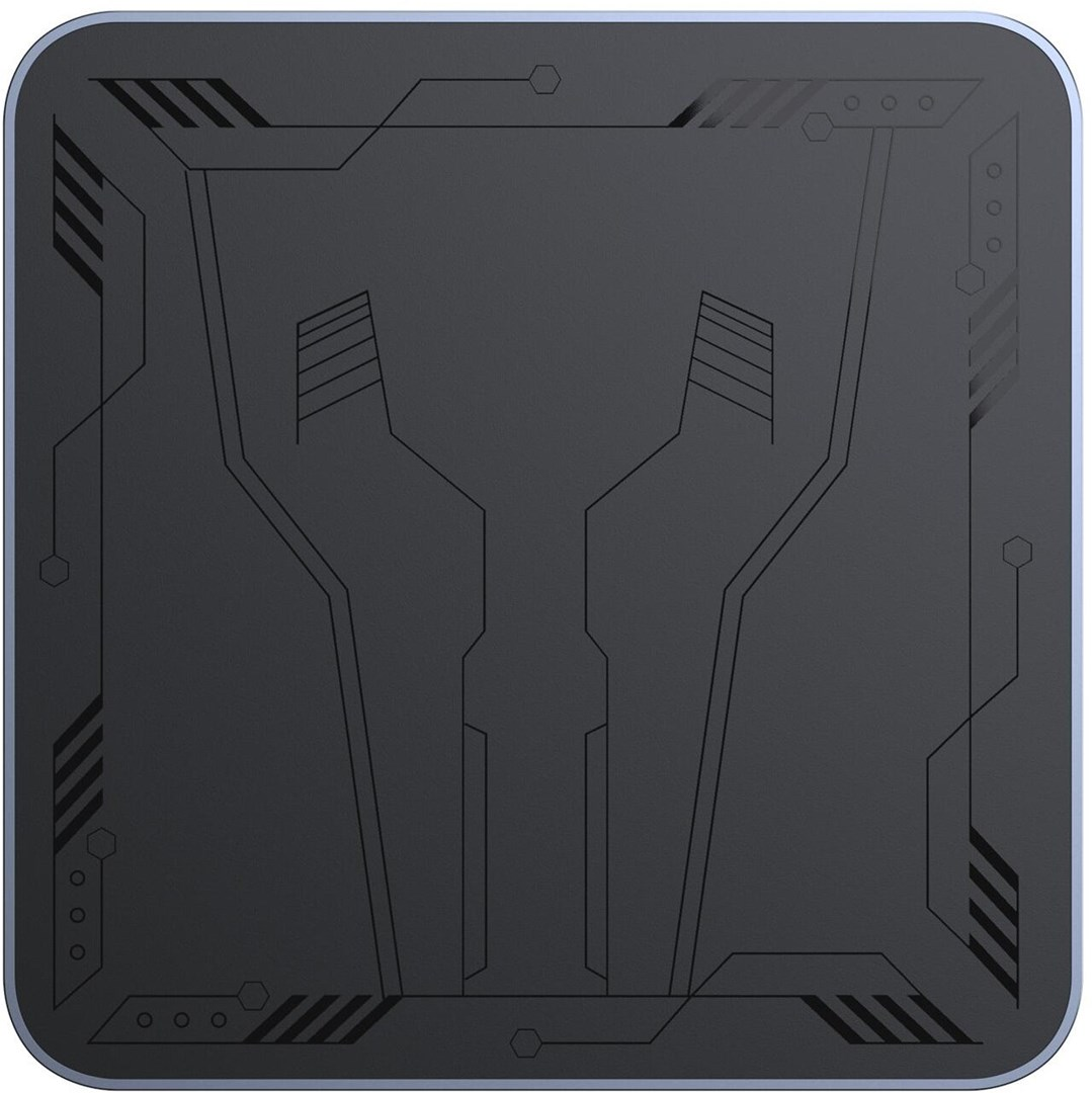 Kwadratowy, ciemnoszary design w stylu tech z srebrną obwódką. Zawiera czarne linie, geometryczne kształty i symetryczne elementy abstrakcyjne.